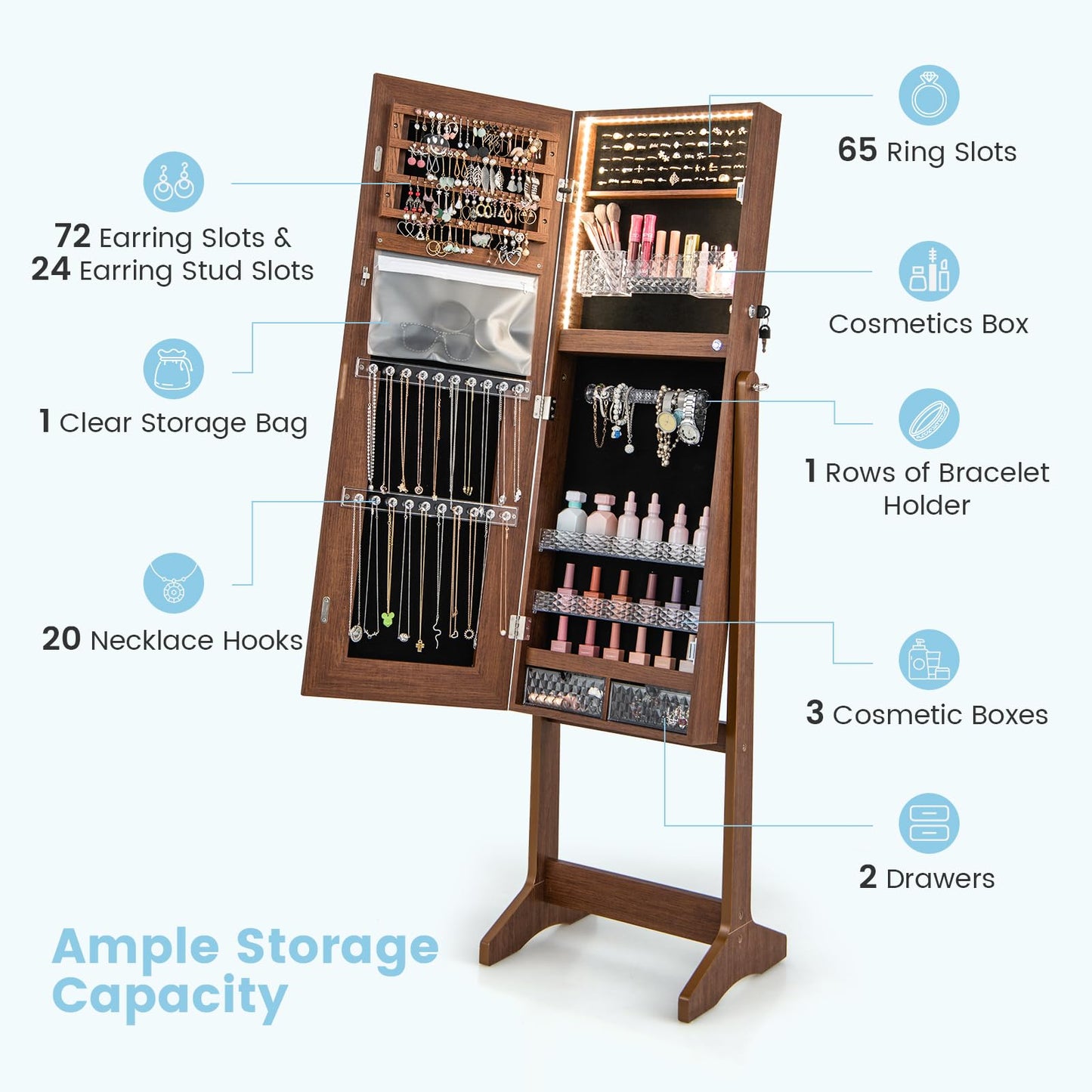 Standing Jewelry Cabinet with LED Lights Lipstick Box and 2 Drawers