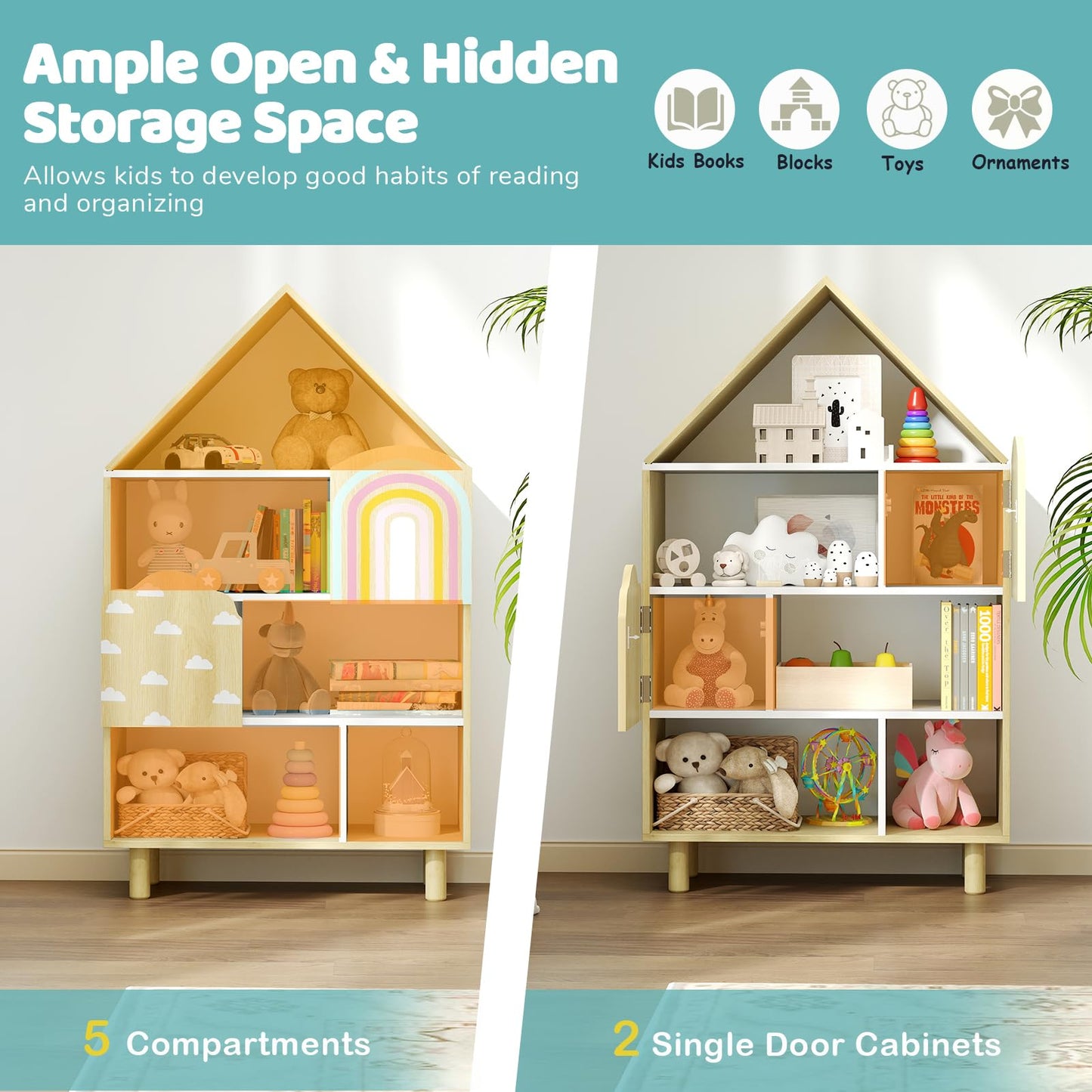 Kids Dollhouse Bookshelf with 2 Doors for Playroom Bedroom