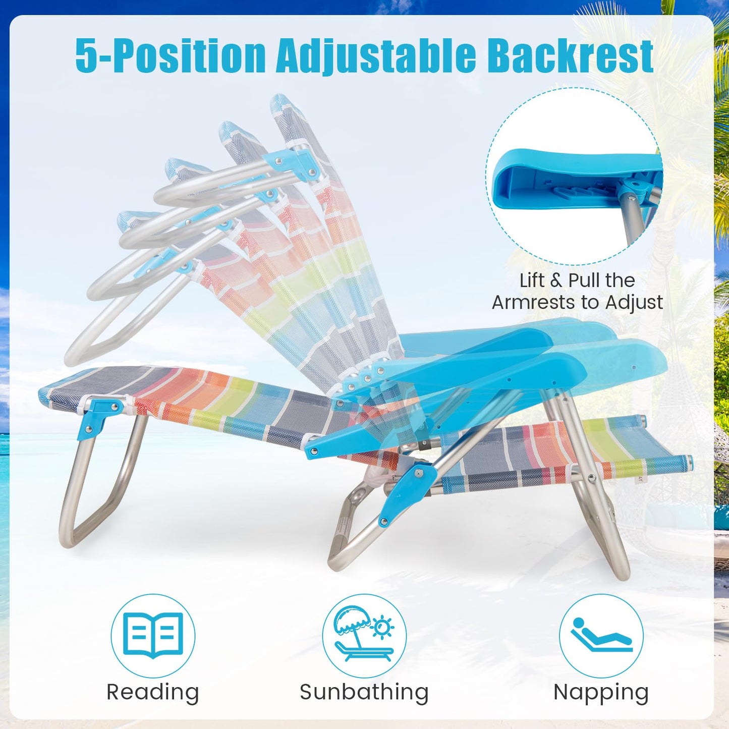 5 Adjustable Position Camping Chair with Armrests & Carry Strap