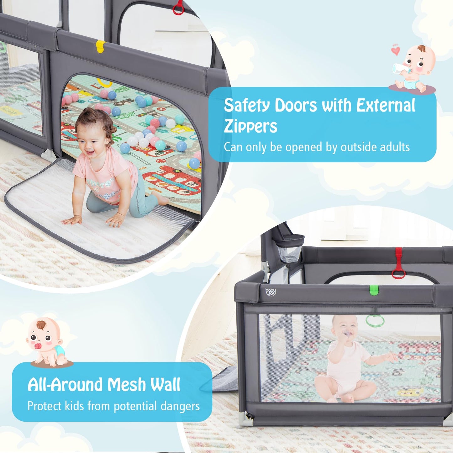 Toddler Mesh Play Pen with Mat, Pull Rings, Basketball Hoop
