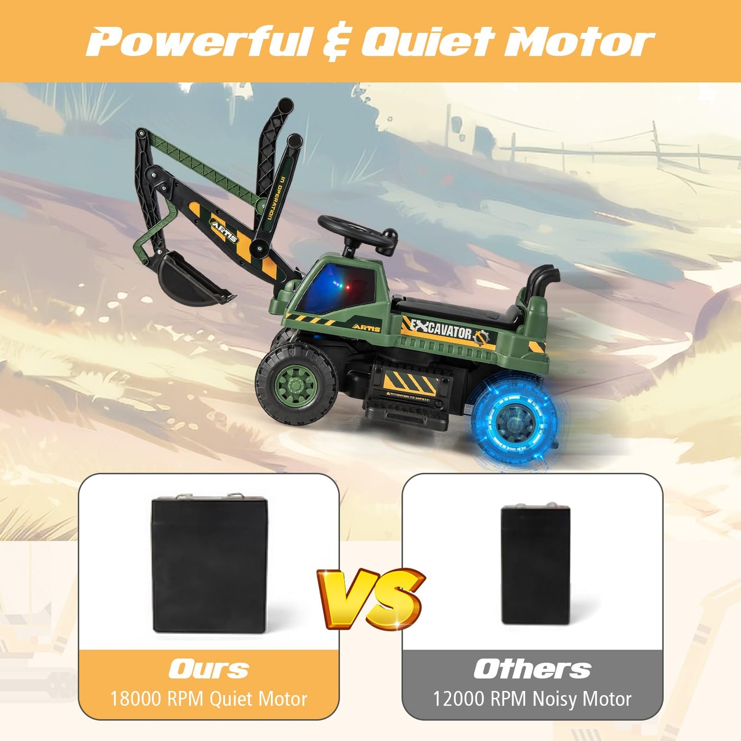 Kids Ride On Excavator with Rotating Seat and Underneath Storage