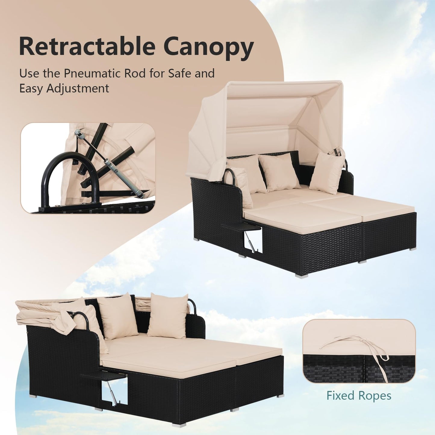 Garden Rattan Daybed with Retractable Canopy and Cushions