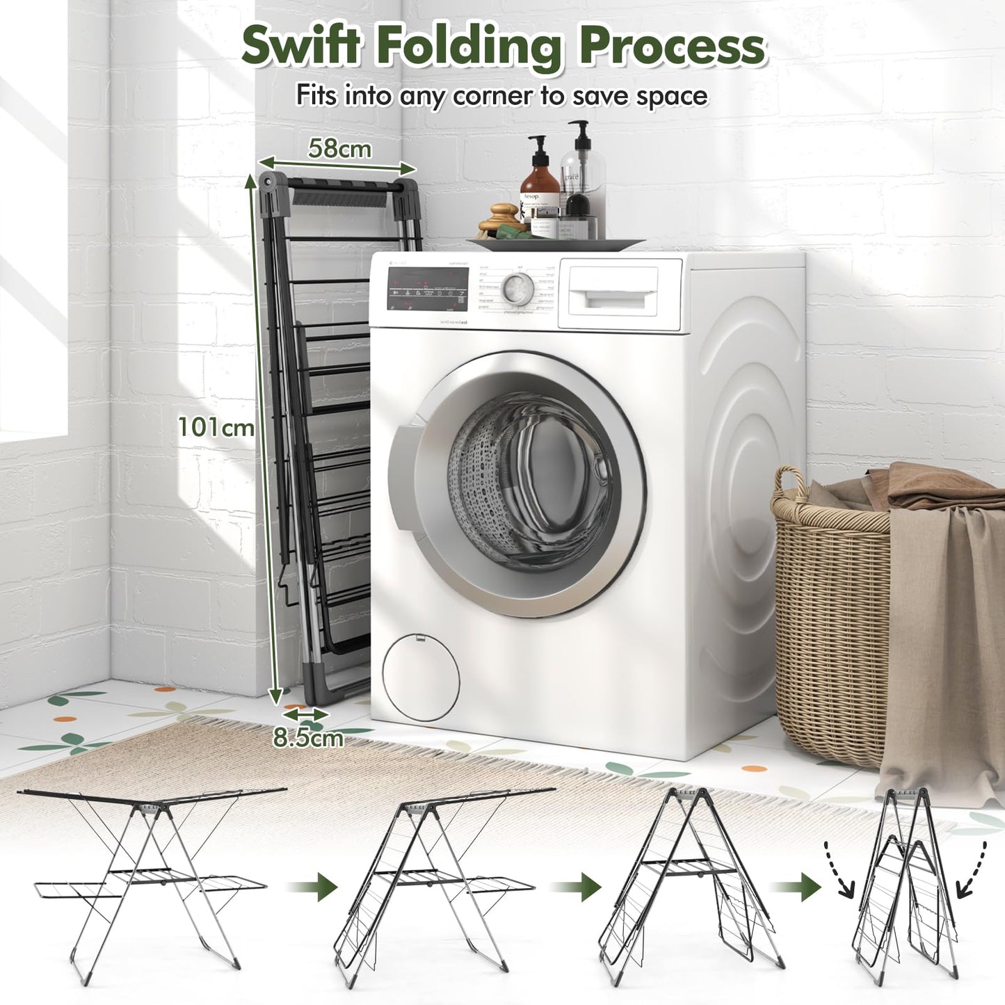 2-Level Foldable Clothes Airer Dryer Horse with Height-Adjustable Wings