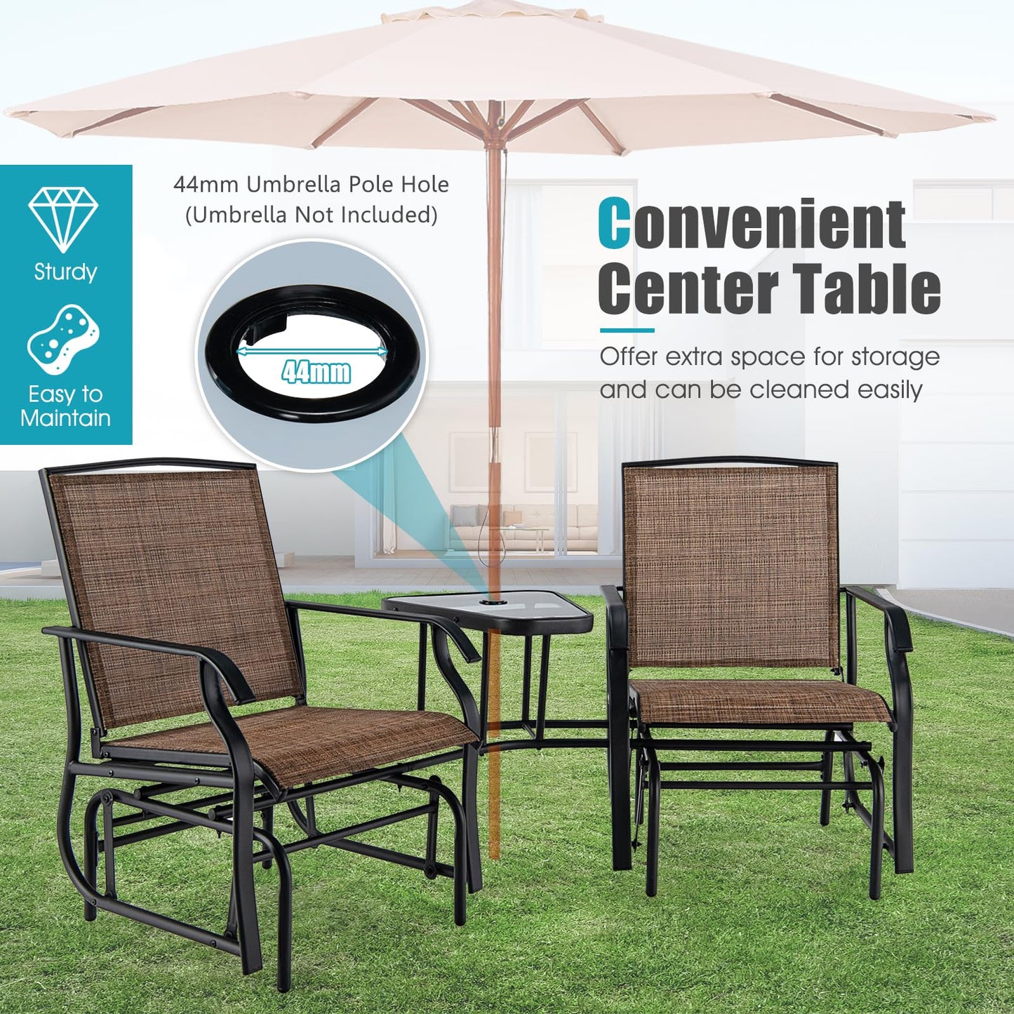 Outdoor Double Swing Glider Chair Set with Table and Umbrella Hole