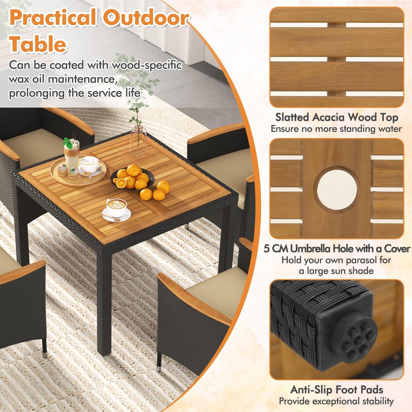 5 PCS Patio Dining Table Rattan Conversation Set with Umbrella Hole