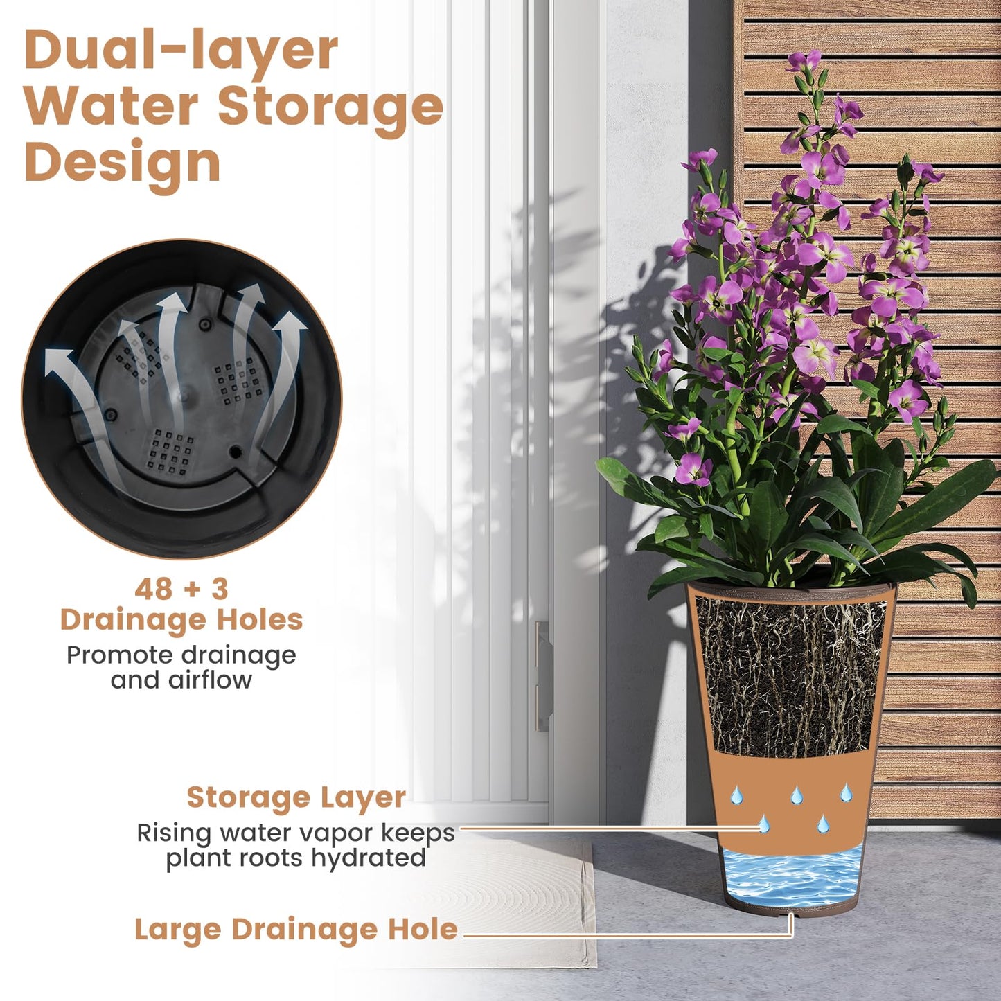 Tall Round Planter Set of 2 with Removable Inner Bucket and Drainage Holes