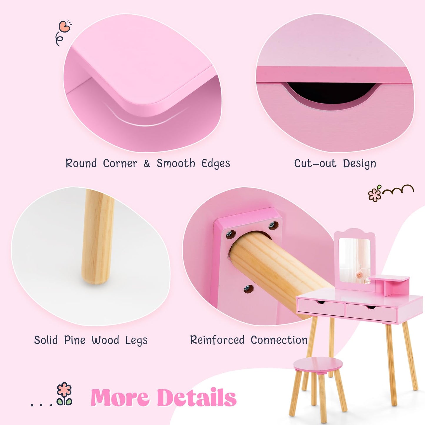 Kids Vanity Table and Stool Set with Square Mirror and Storage Shelf