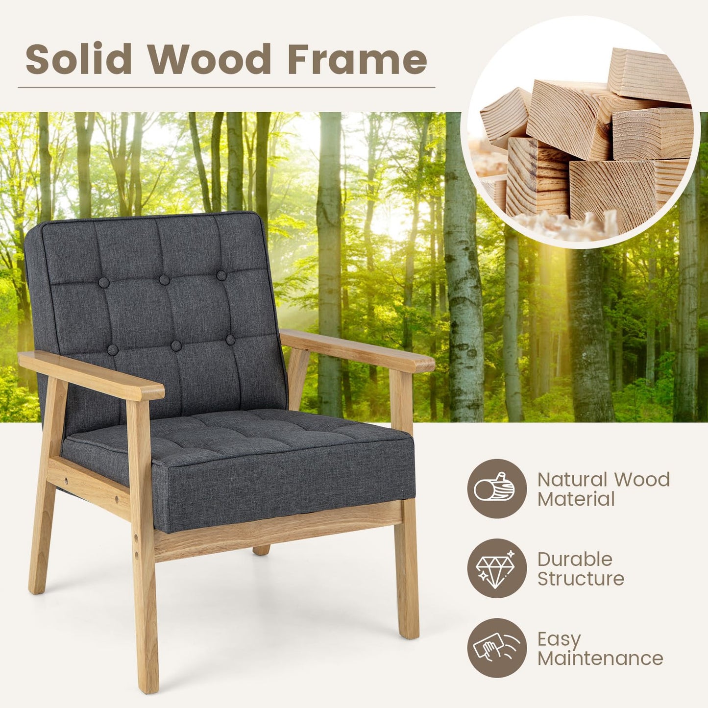 Modern Accent Chair with Rubber Wood Armrests