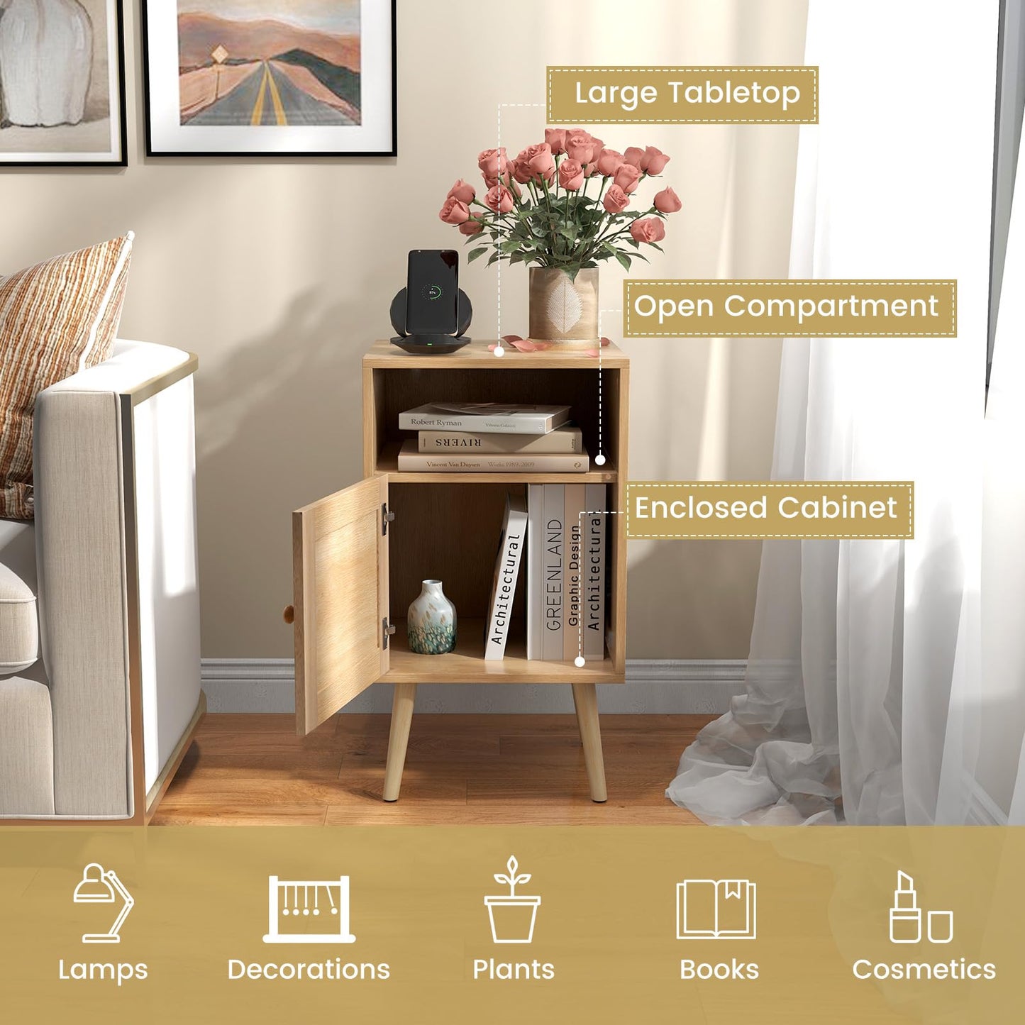 Rattan Nightstand with Storage and PE Rattan Decorated Door
