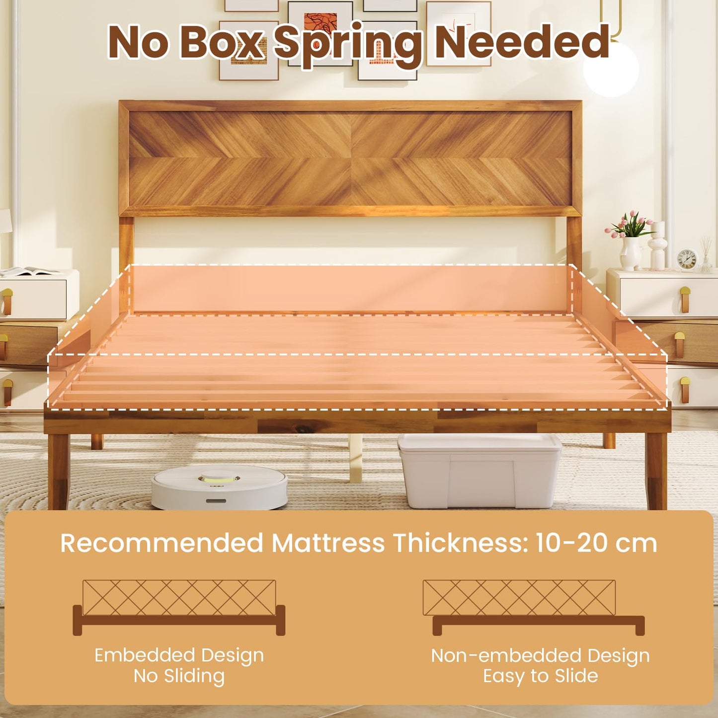 Mid-Century Acacia Wood Bed Frame with Headboard