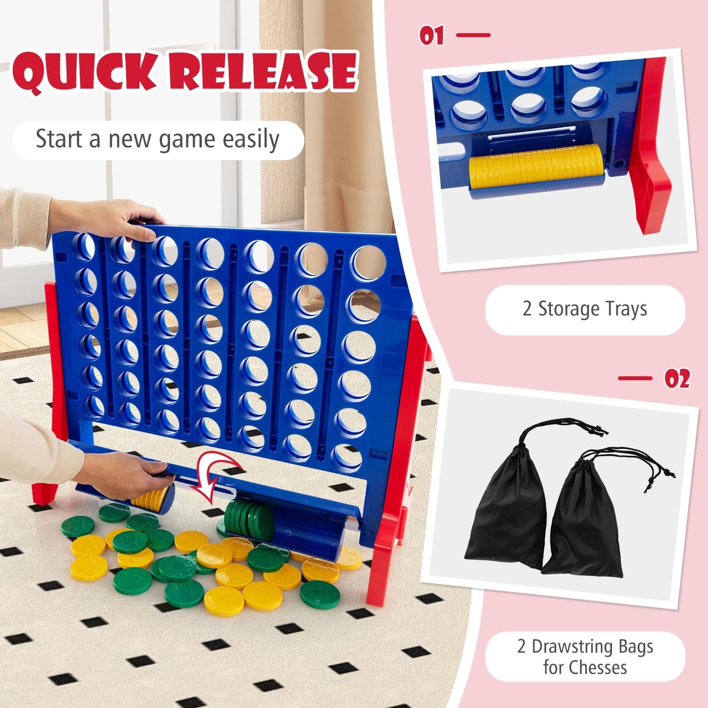 Wall Mounted or Tabletop Giant 4 In A Row with Carrying Bag and 42 Chesses