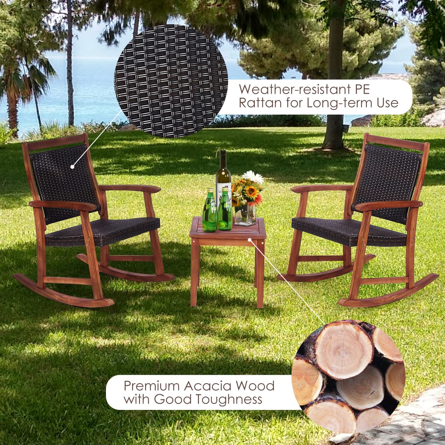 3 Piece Outdoor Rocking Table Chairs Set