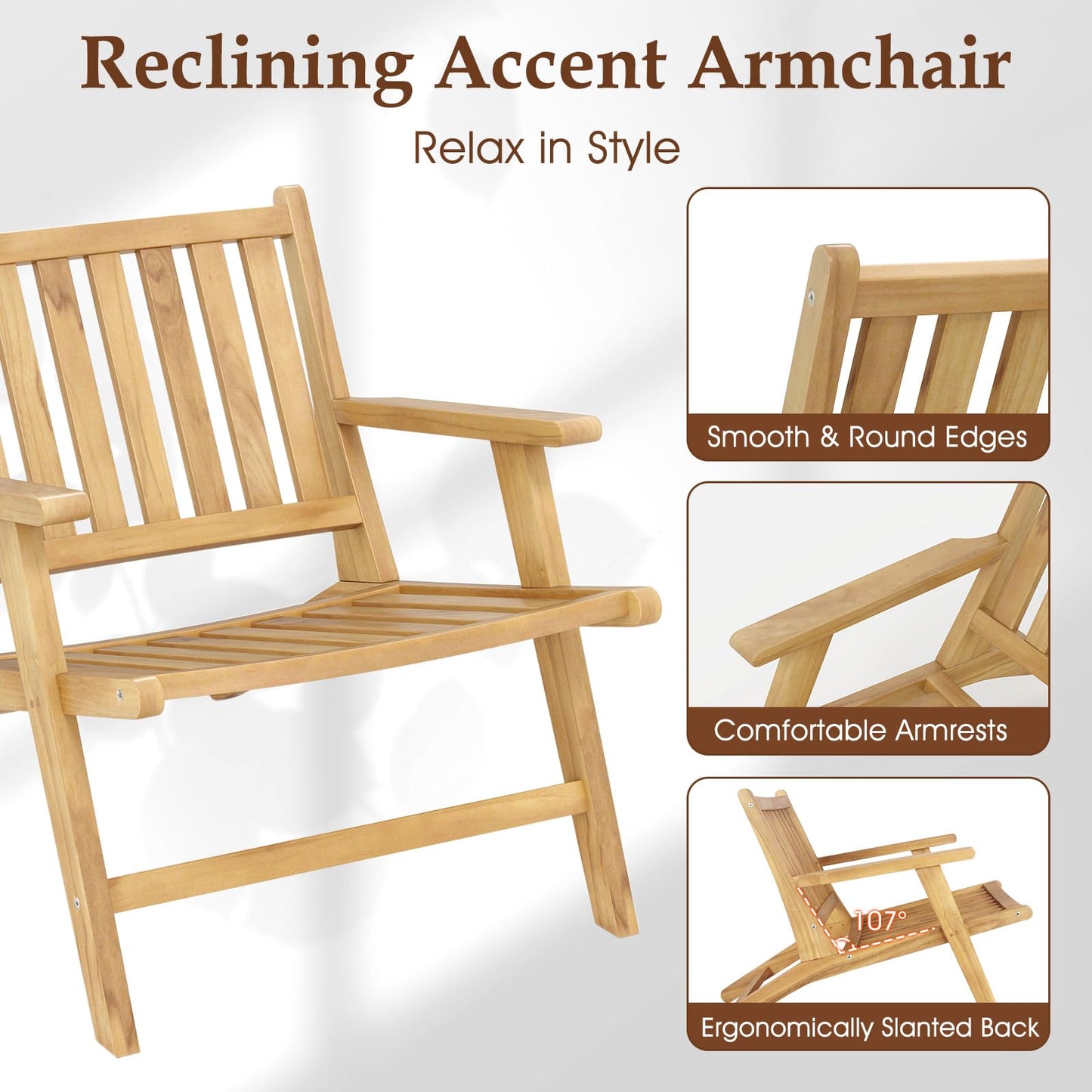Natural Mid Century Teak Wood Outdoor Chair with Comfortable Backres