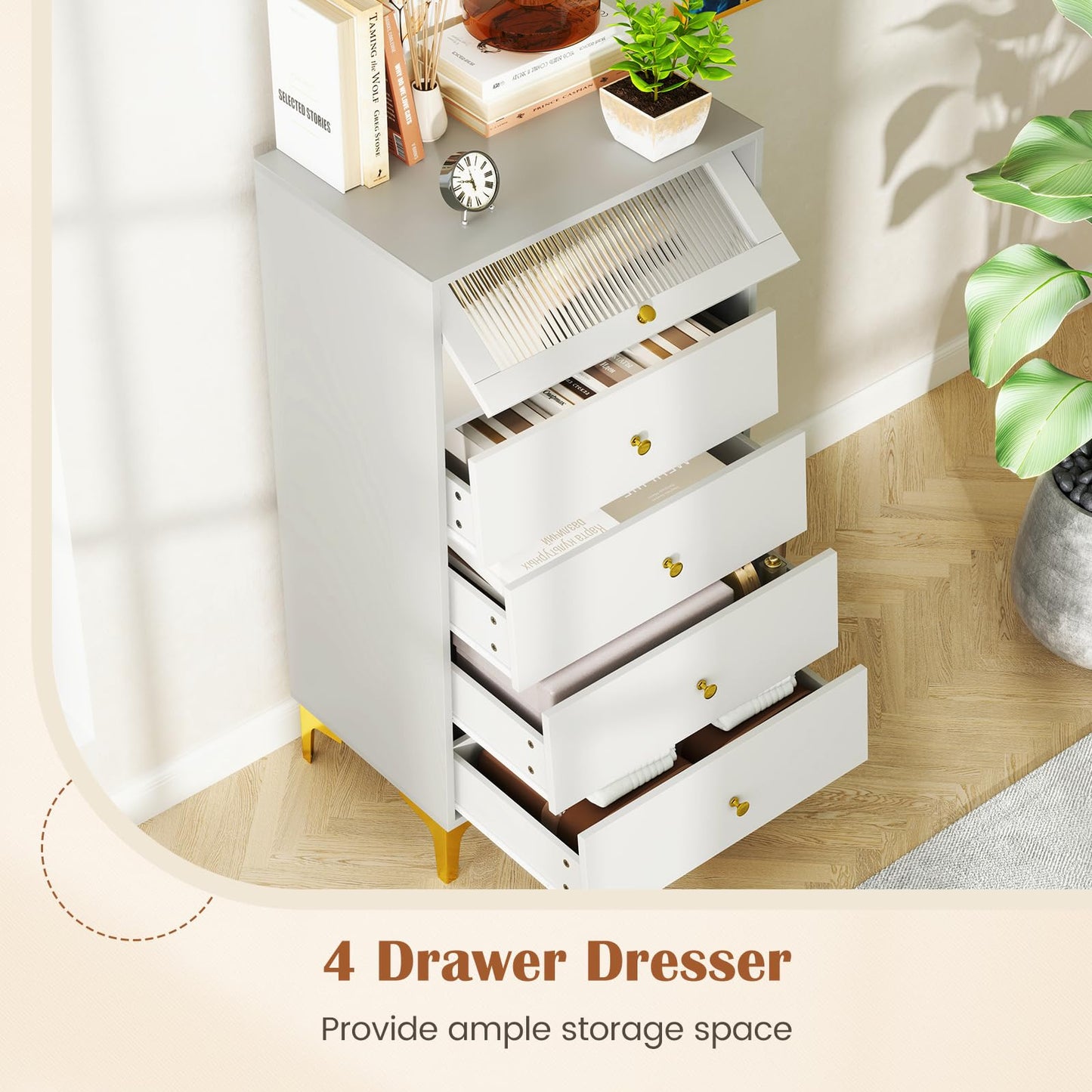 Giantex Chest of Drawers 3/4-Drawer Dresser Storage Cabinet with Flip Up Glass Door (Gray, 5-Tier)