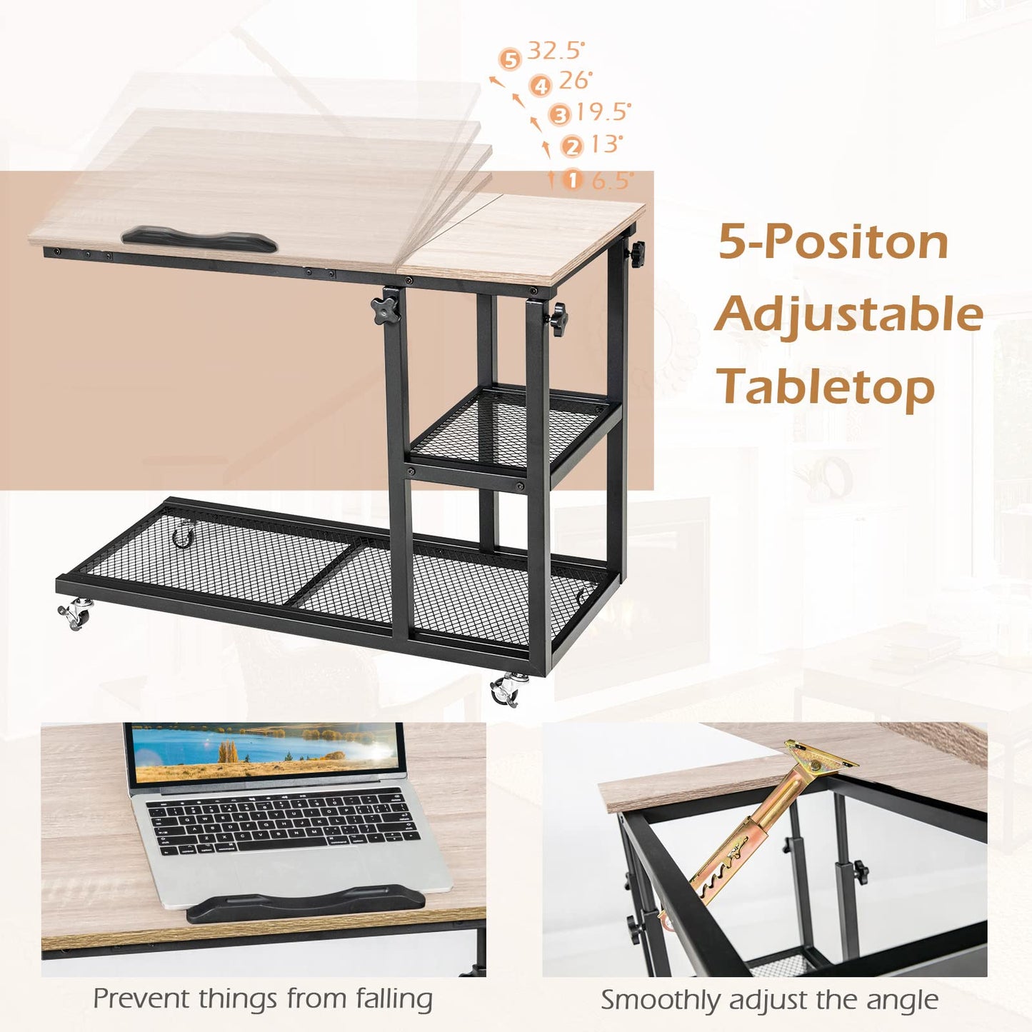 Height Adjustable Mobile Overbed Table with Wheels and Storage Shelves