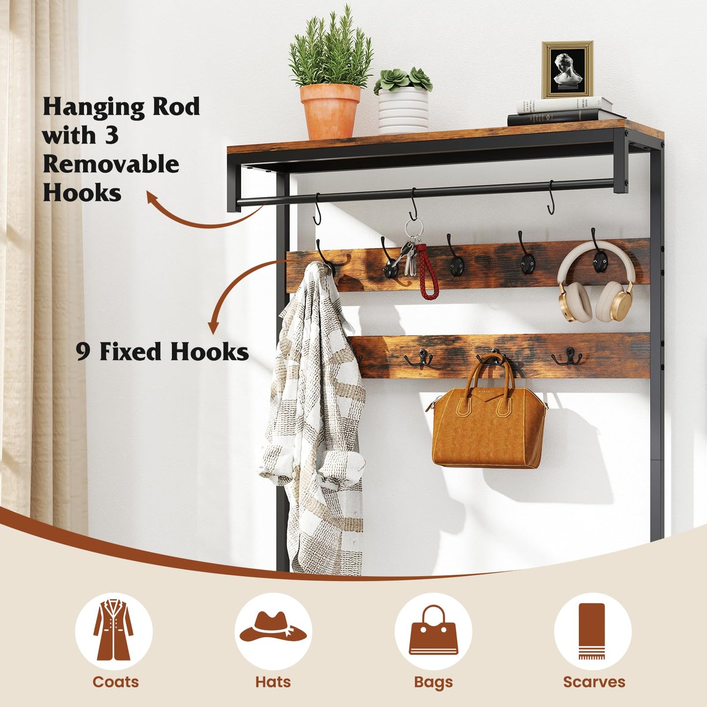 Freestanding Coat Rack with Shoe Rack and Storage Shelf