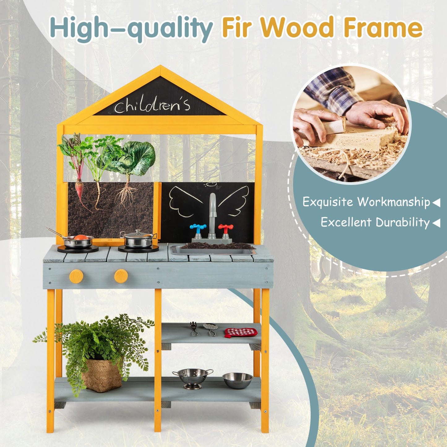 Kids Mud Kitchen Outdoor Kitchen Playset with Educational Plant Viewer
