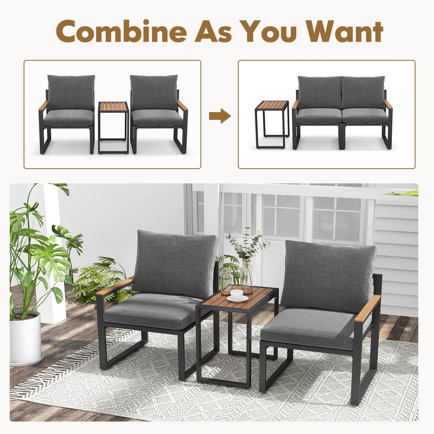 3-Piece Aluminum Frame Garden Conversation Furniture Set with Removable Cushions