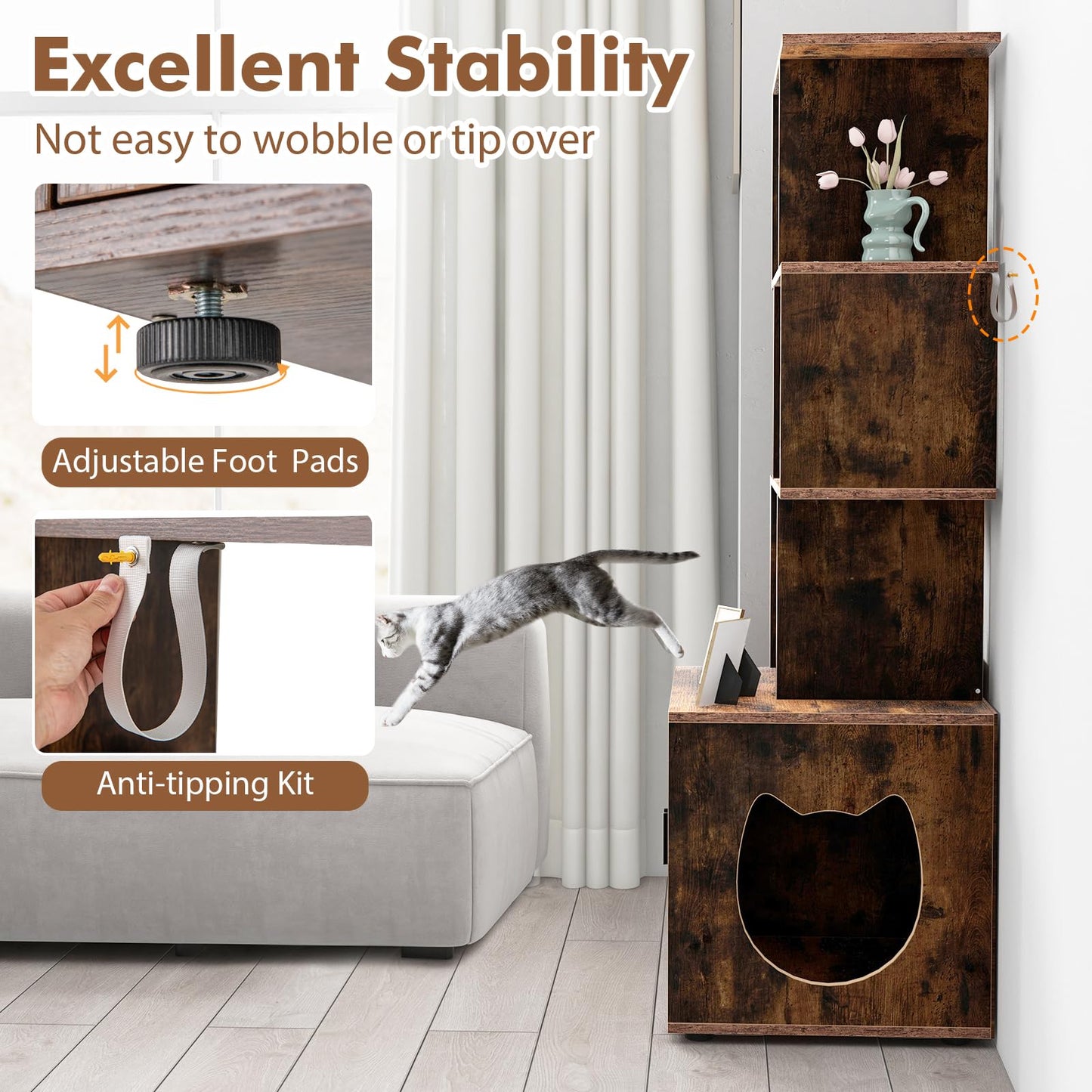 2 in 1 Hidden Cats Washroom Furniture with 3 Storage Shelves