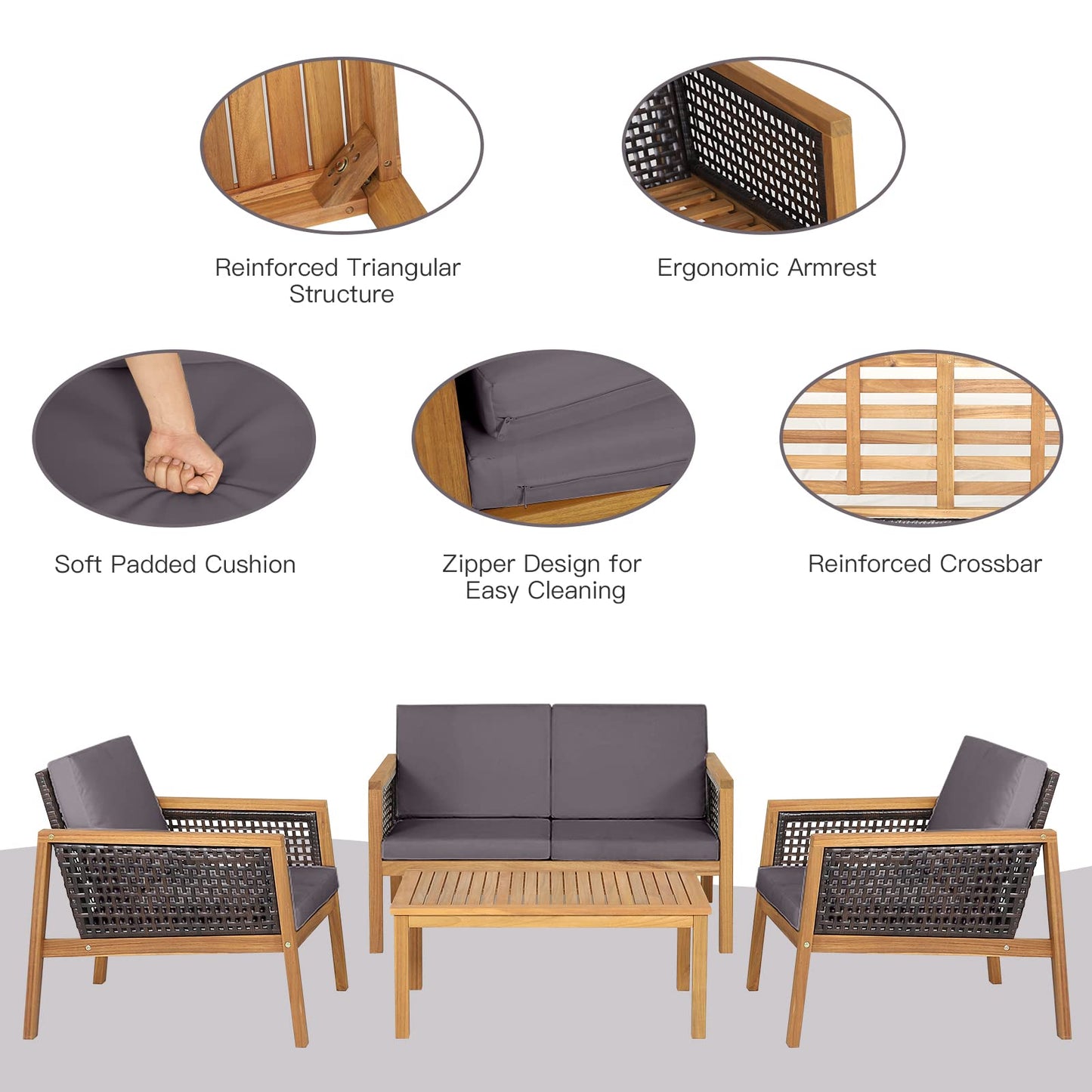 4 PCS Acacia Wood Rattan Patio Conversation Set with Loveseat and Coffee Table