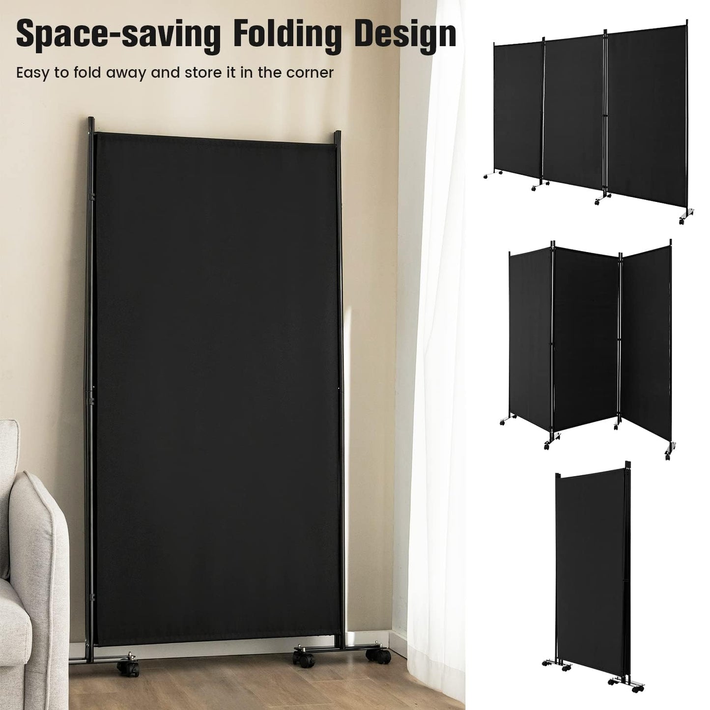 3-Panel Folding Room Divider with Wheels for Living Room Bedroom