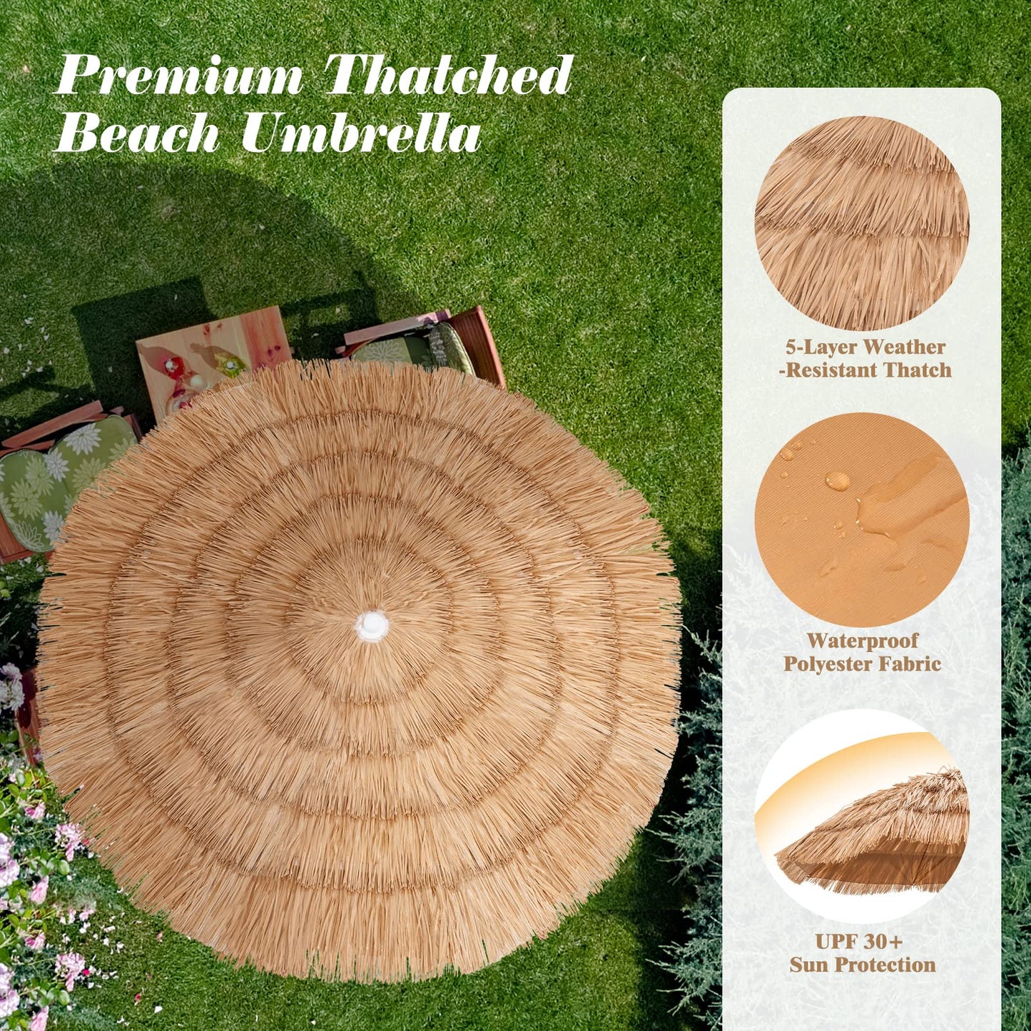 Giantex 1.8m Garden Hawaii Parasol Folding Tilting Thatch Tiki Sun Umbrella with 8 Ribs