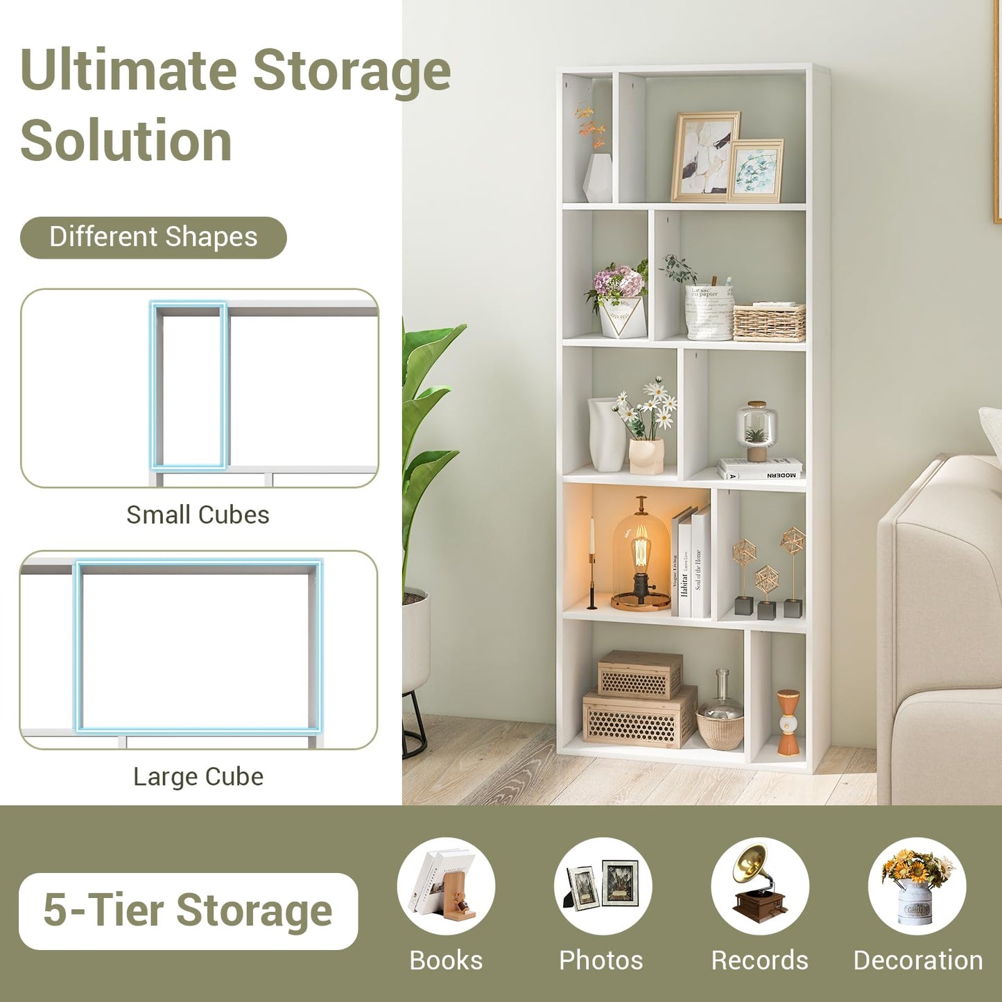 Wood Bookshelf with 10 Compartments Home Study Living Room