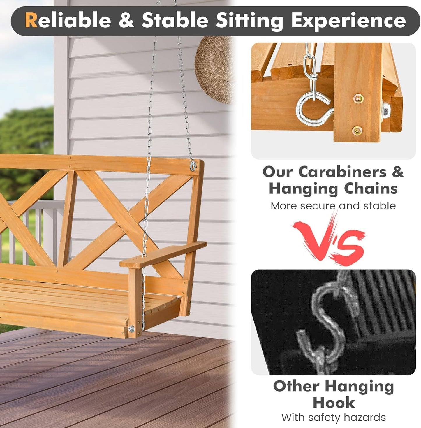 Solid Wood Patio Swing Bench Loveseat Chair with Stand Frame