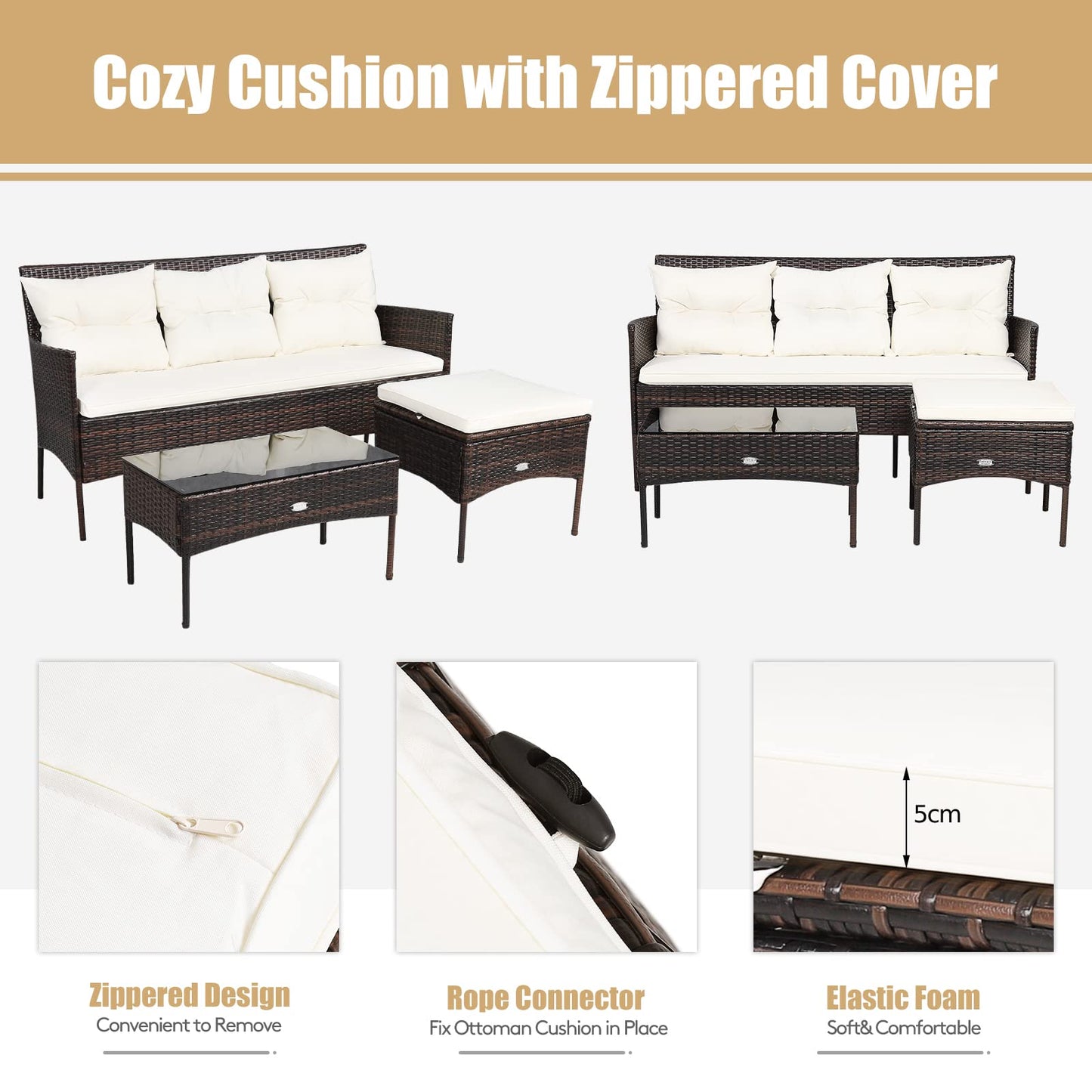 4 Seater Rattan Garden Furniture Set with Tempered Glass Table