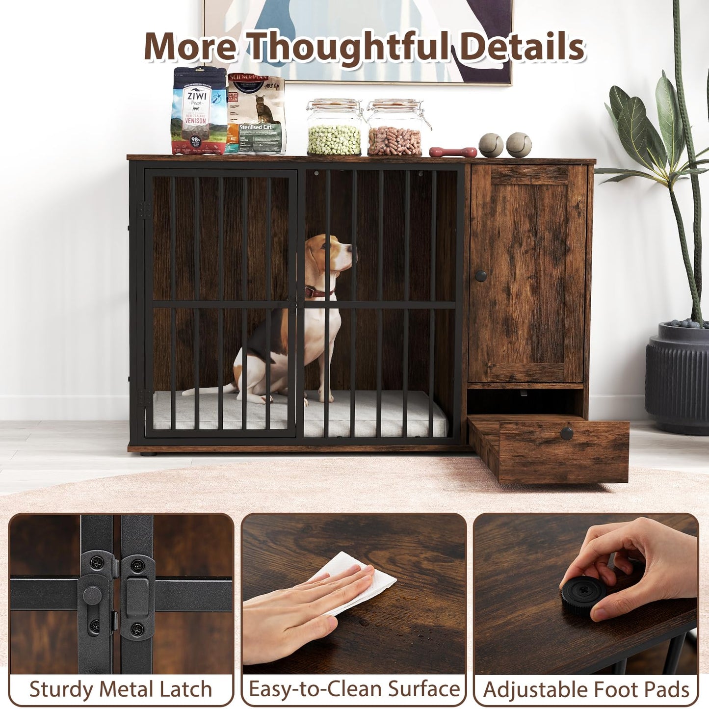120CM Dog Crate Furniture with Hidden Pull-out Bowls in Drawer Rating: