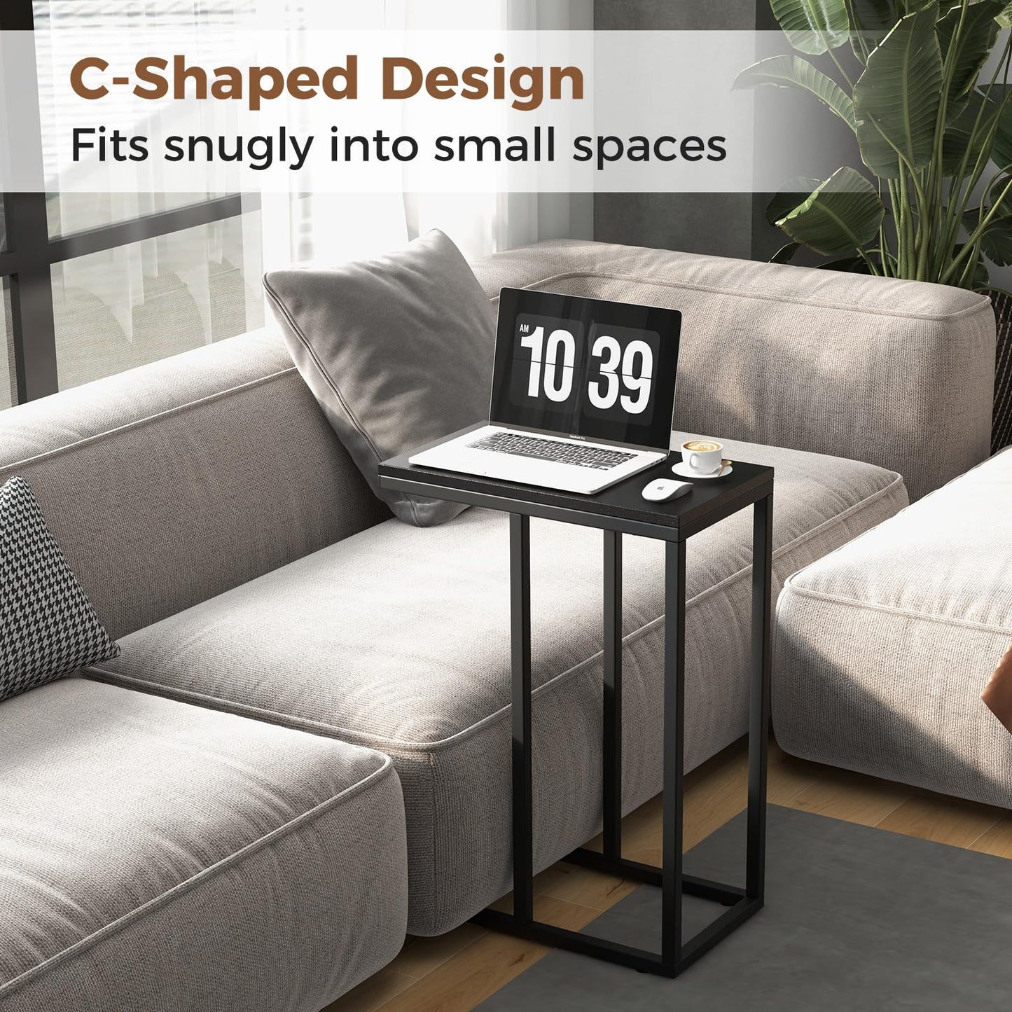 C Shaped End Table for Couch and Bed with Metal Frame