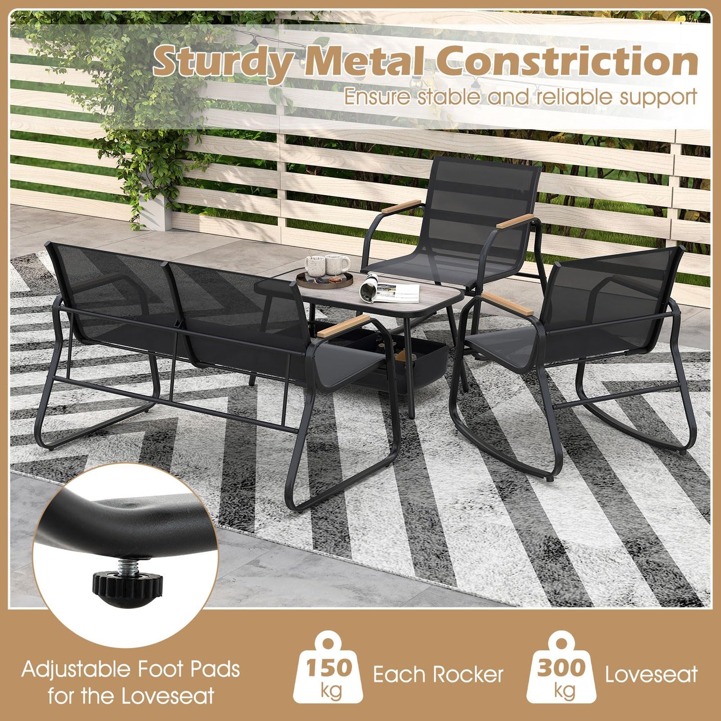 4-Piece Garden Metal Frame Patio Conversation Set with 2 Rocking Chairs