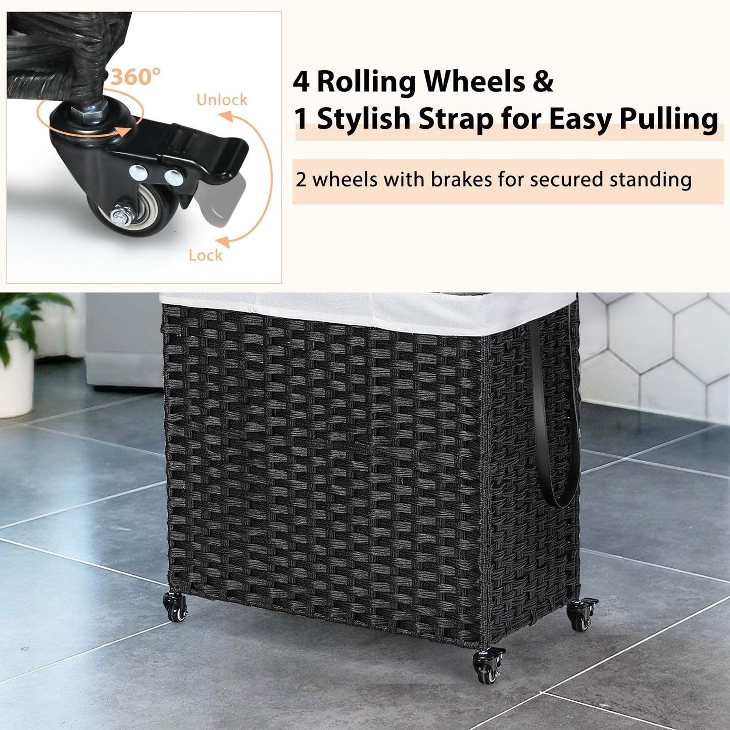 Laundry Hamper with Lid and Wheels and 2 Removable and Washable Liner Bags