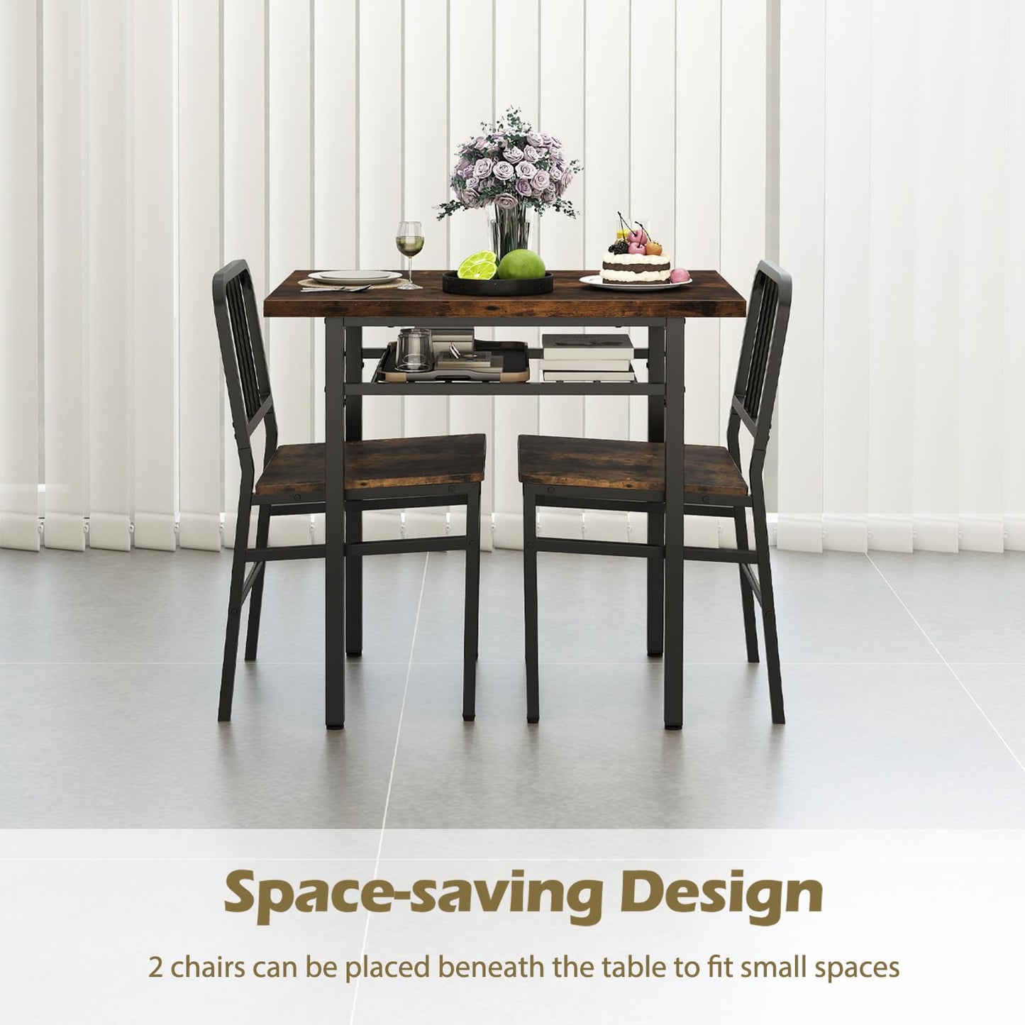 3-Piece Dining Table Set with Storage Rack and Metal Legs