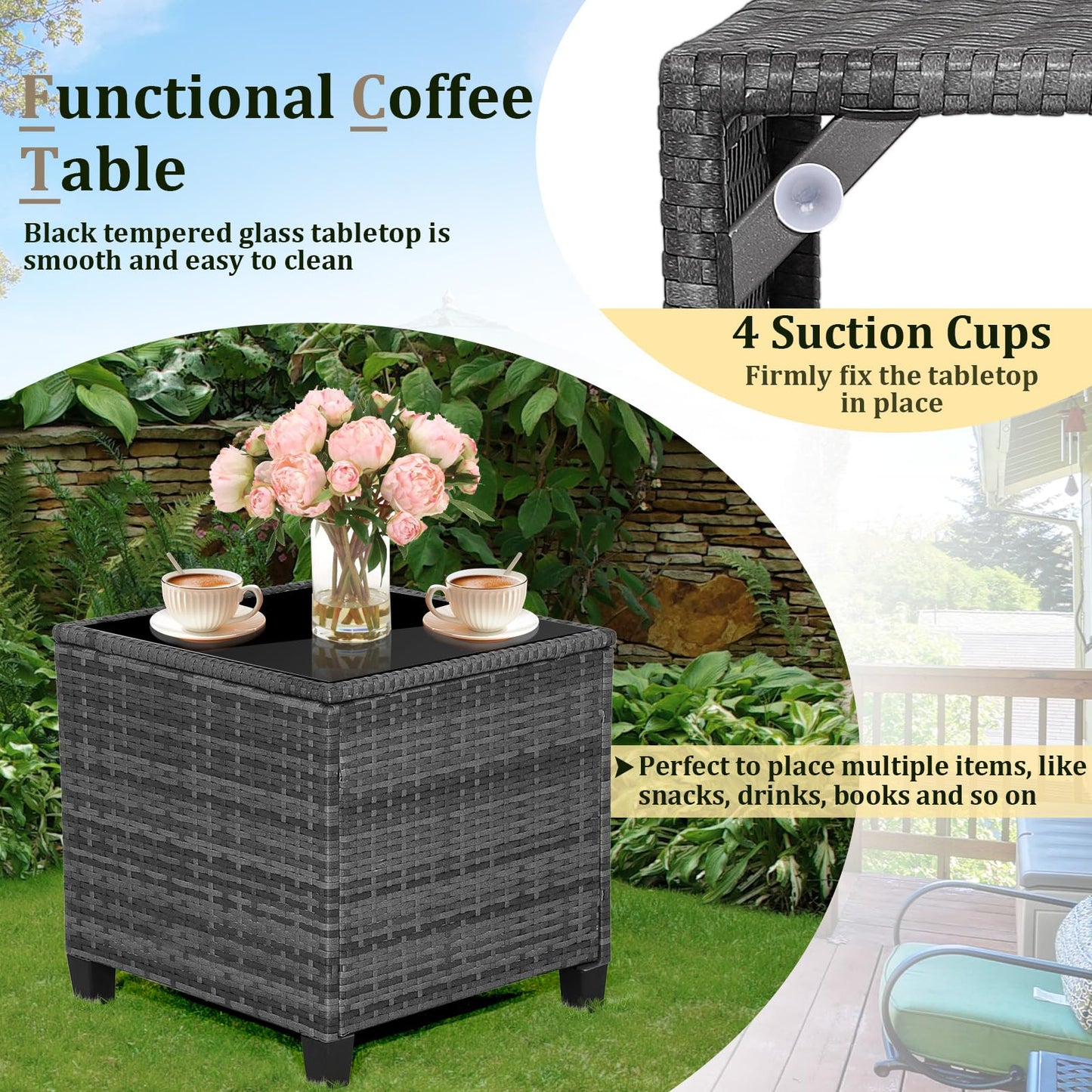 3 Pieces Metal Frame Garden Coffee Table and Sofa Chairs Set with Cushions