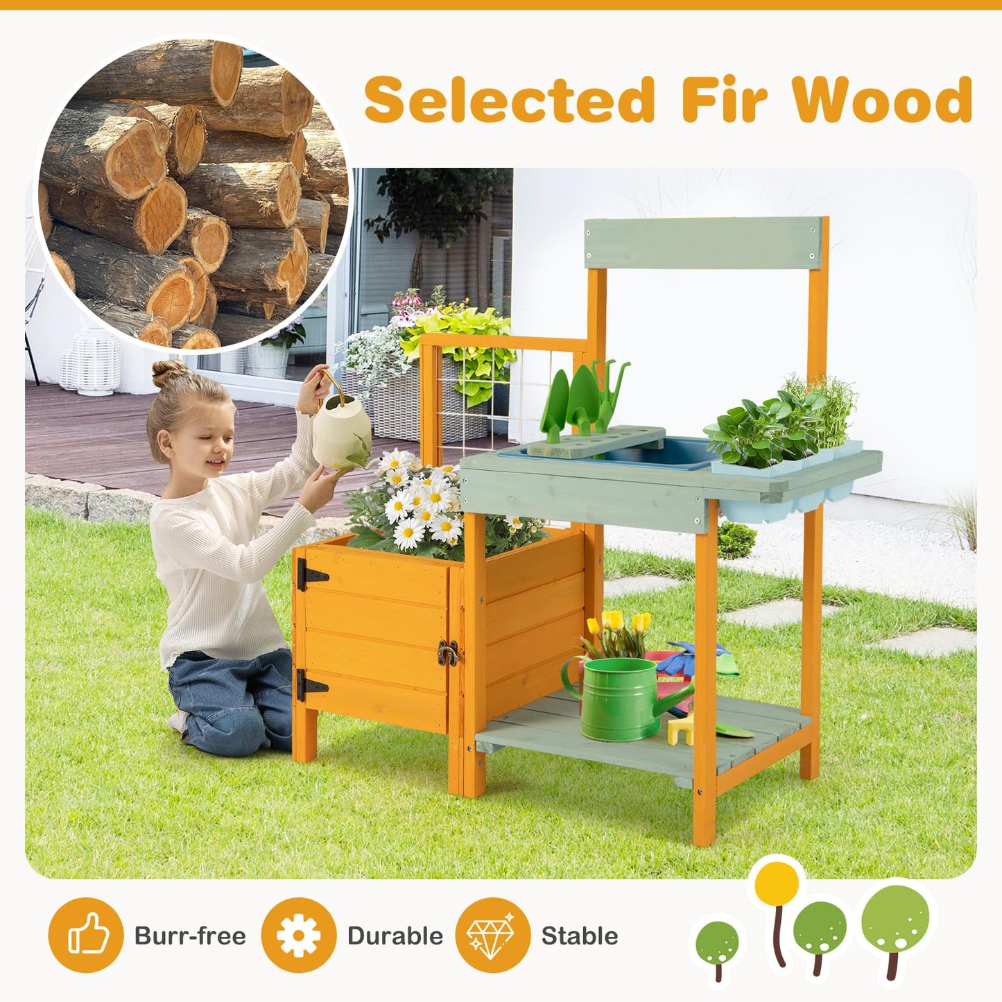 Kids Outdoor Potting Bench with Planter Box Wooden Toy Gardening Center