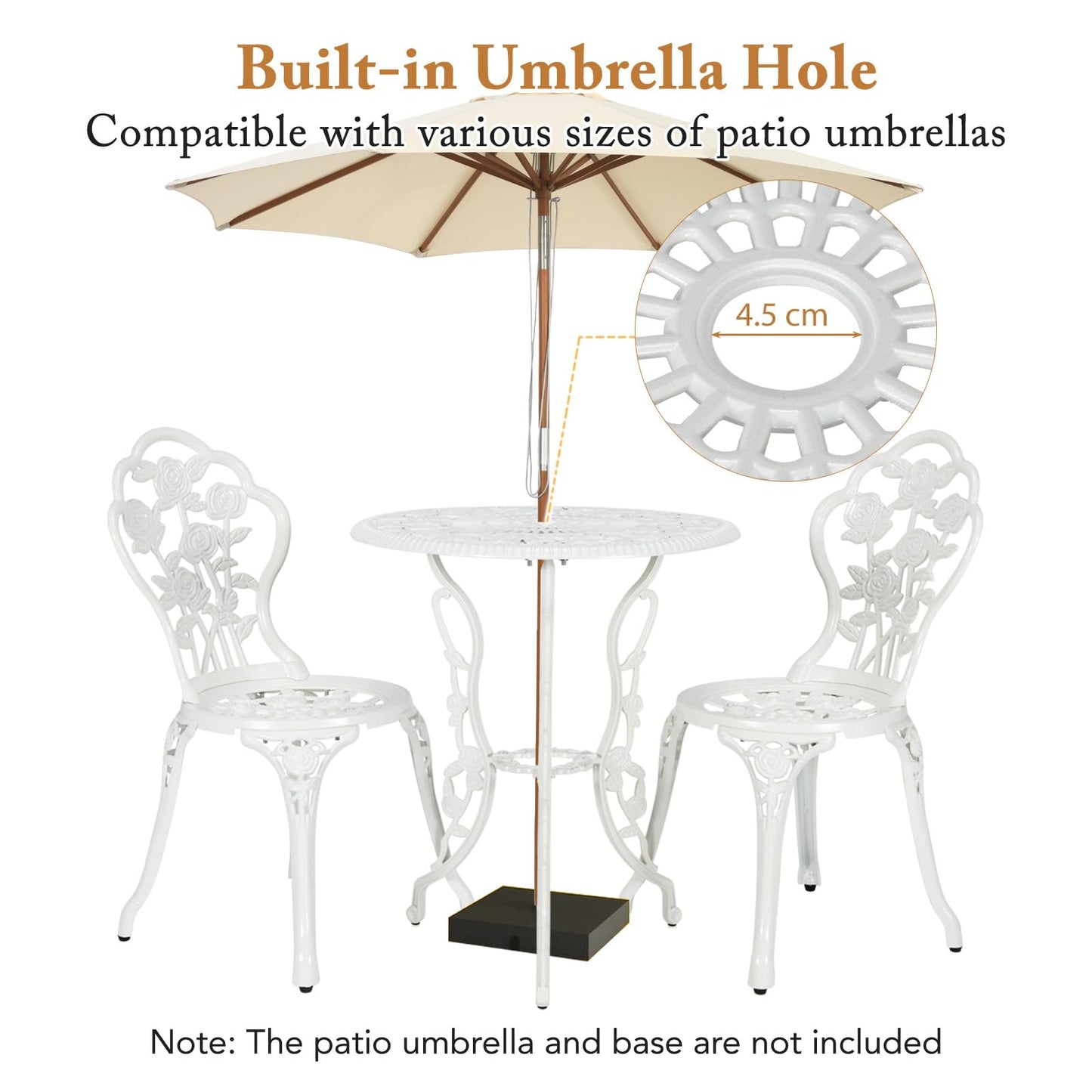 3 Pieces Aluminium Round Garden Dining Table and 2 Chairs with Umbrella Hole