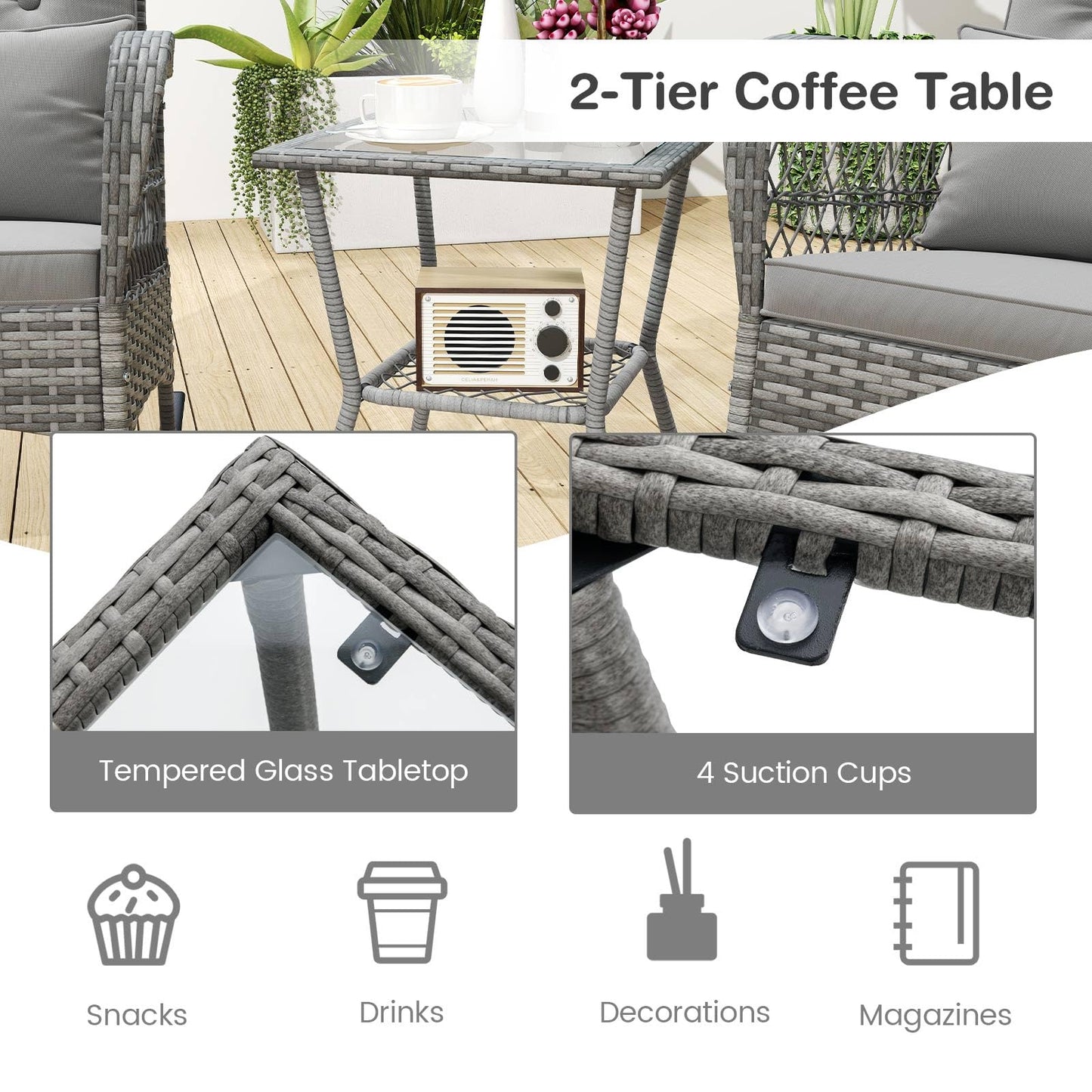 3 Piece Outdoor Rocking Chair Set with Cozy Cushions and Pillow