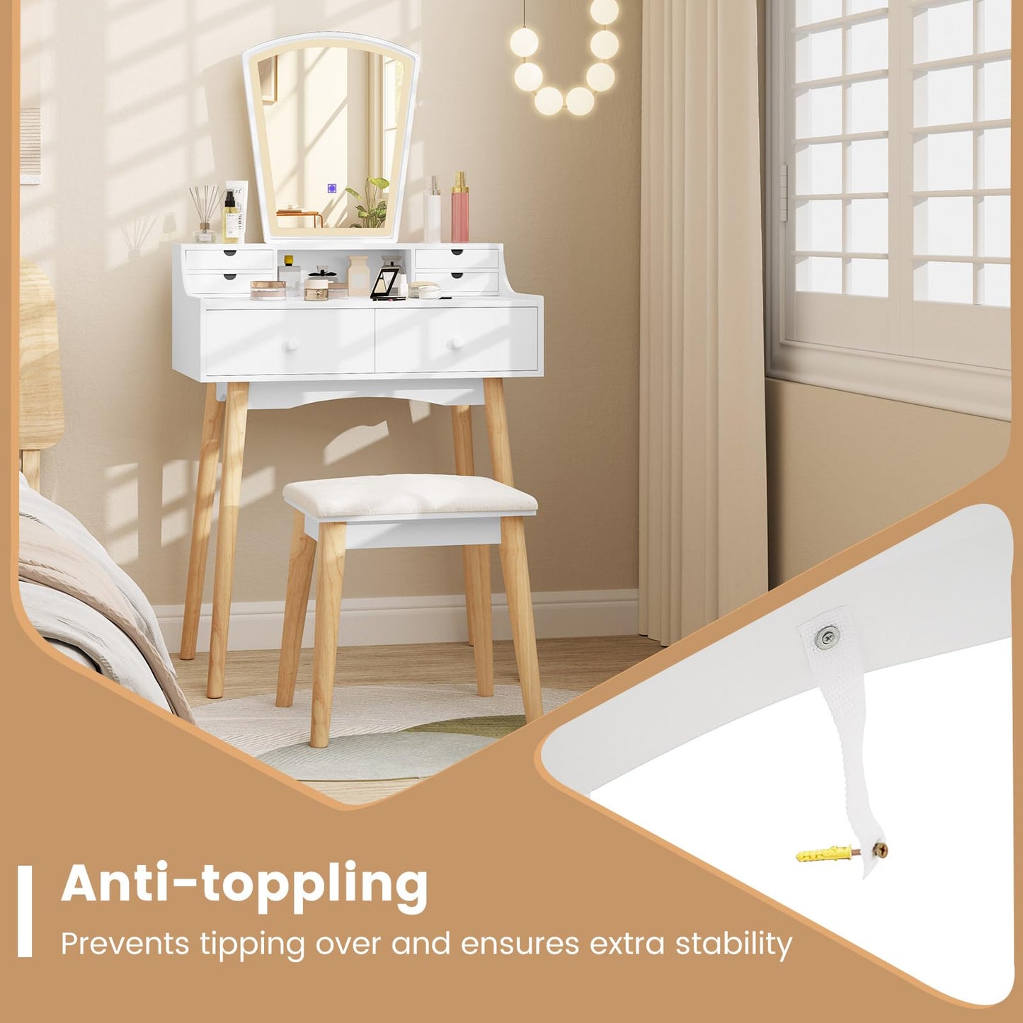 Dressing Table and Chair Set with 3 Lighting Modes and Natural Pine Wood Legs