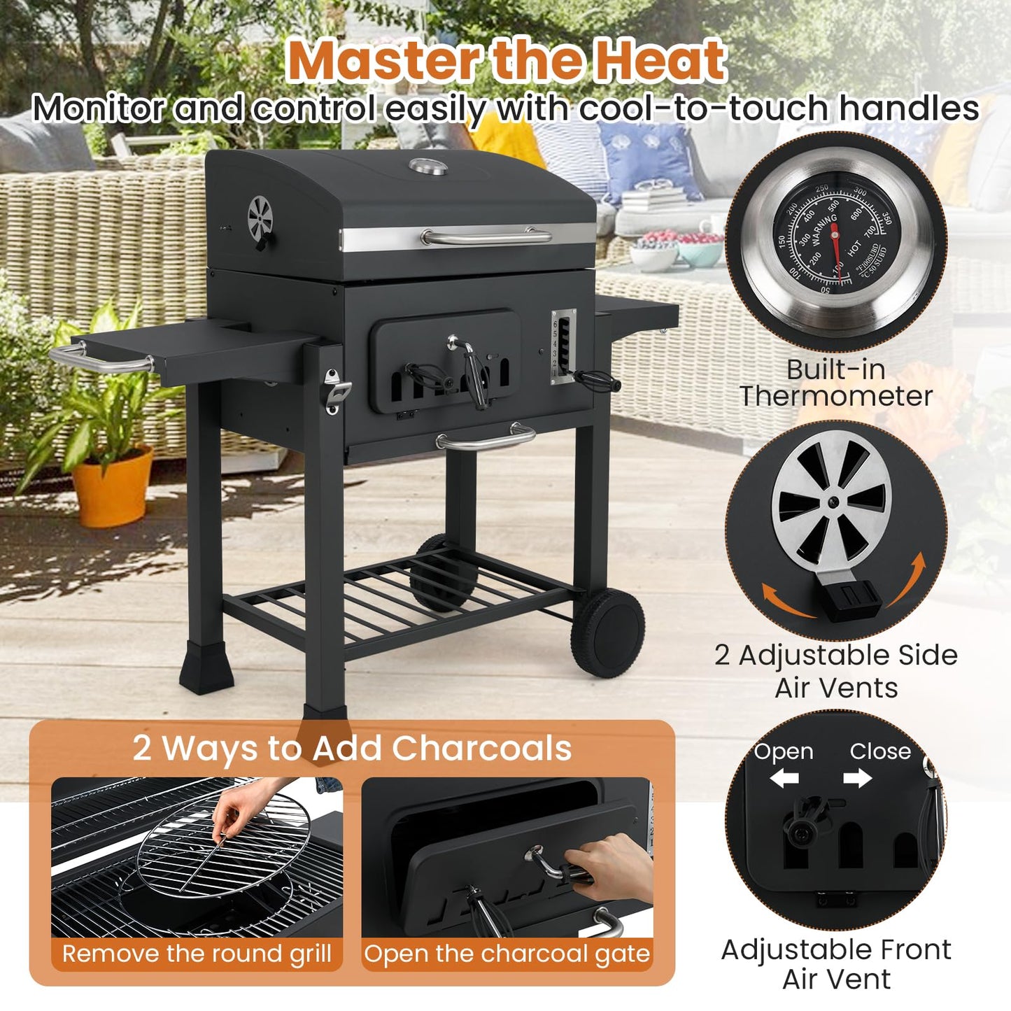 Barrel Charcoal Grill with 2 Folding Side Tables for Camping Picnic