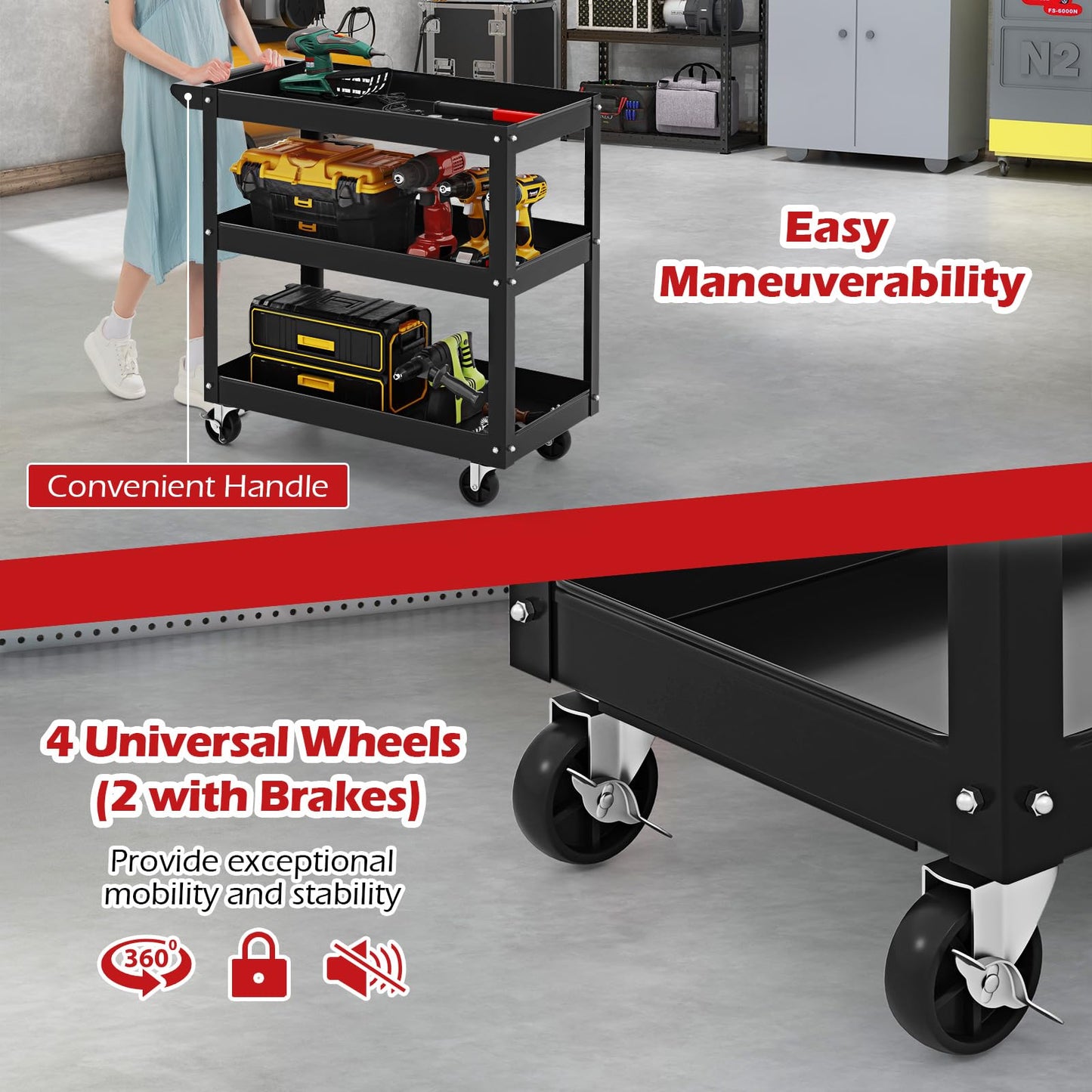 3-Tier Tool Trolley with Handle and Lockable Wheels