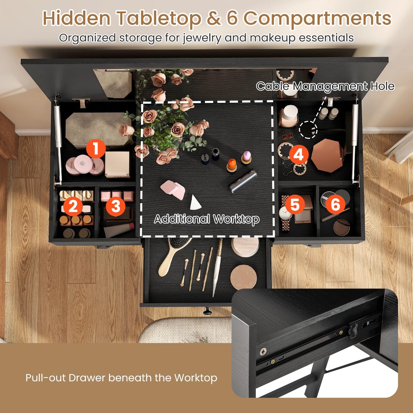 2-in-1 Vanity Desk with Mirror and Charging Station