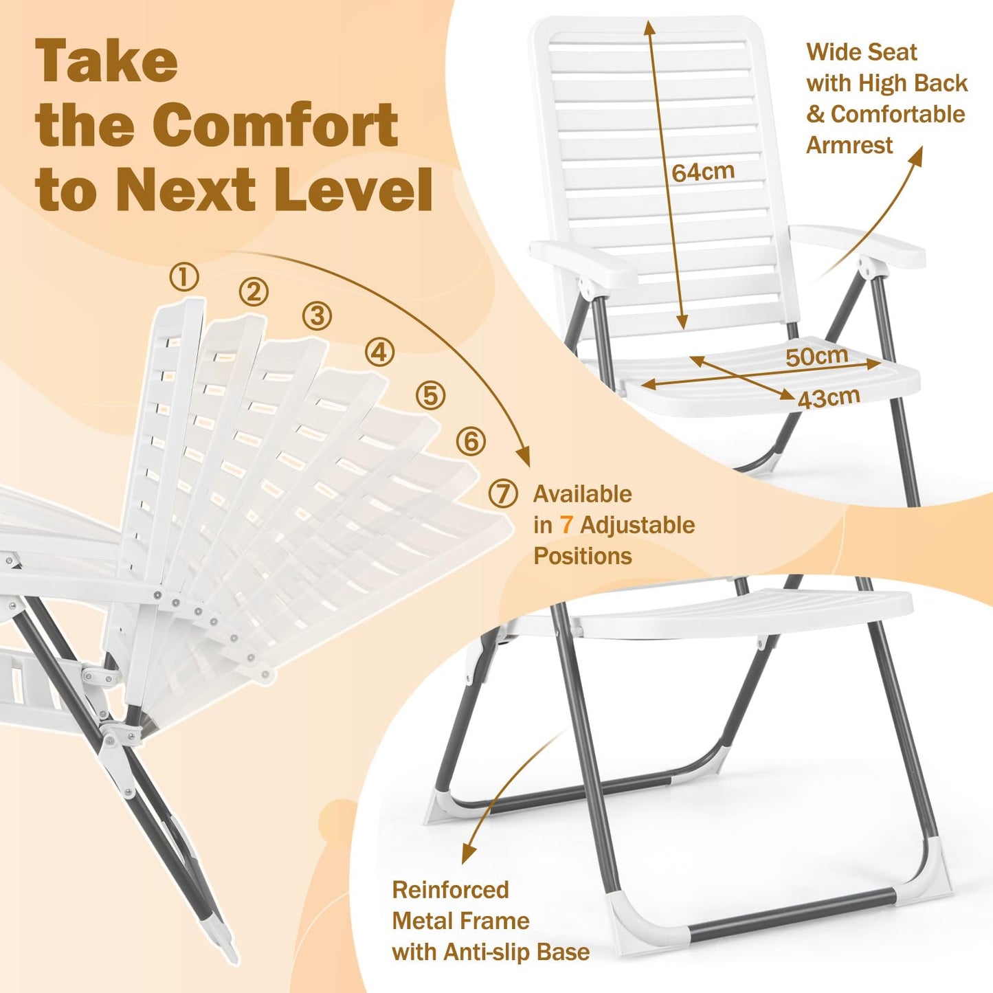 Two-fold Adjustable Reclining Folding Chair with 7-Level Backrest