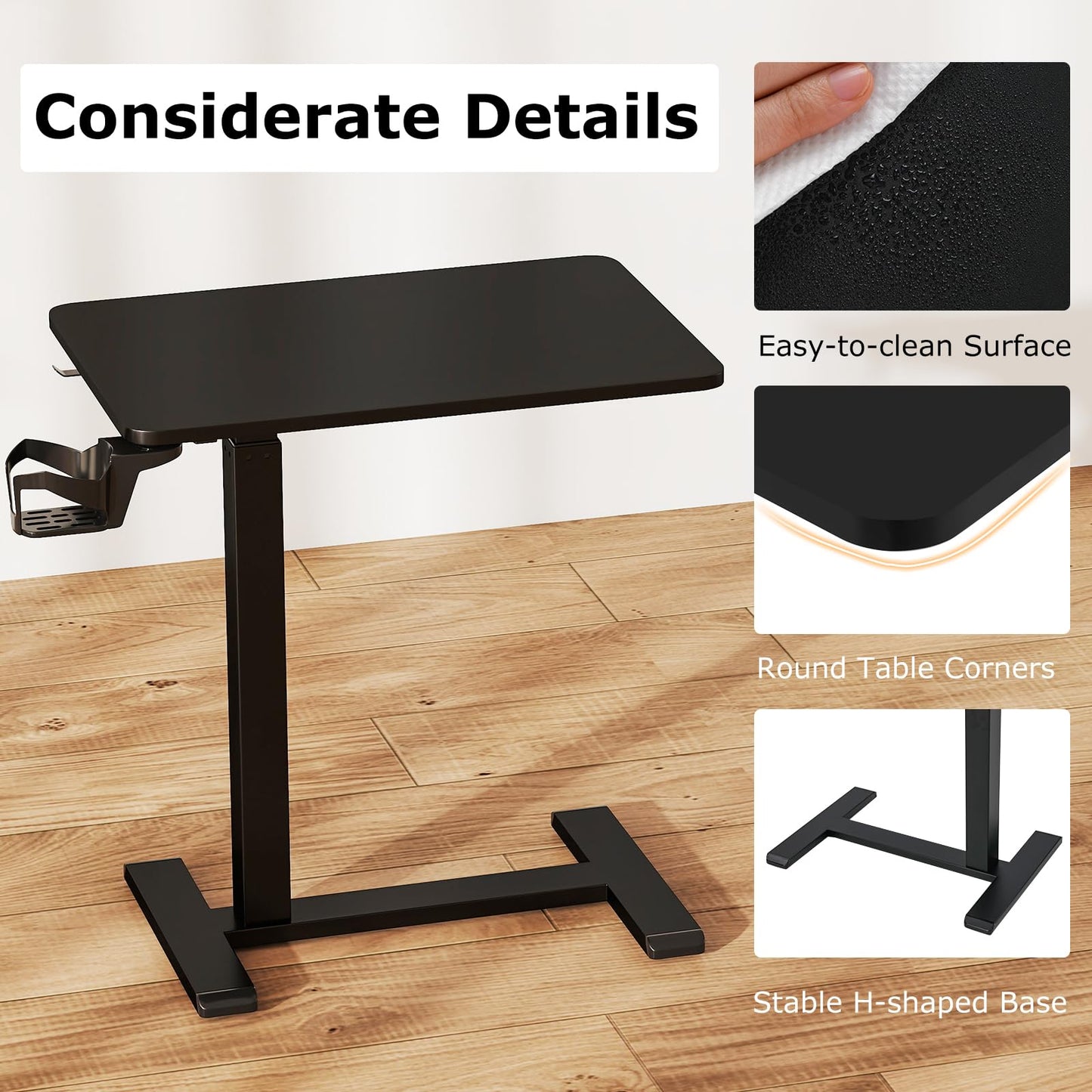 Height Adjustable Overbed Bedside Table with Cup Holder and Headphone Hook