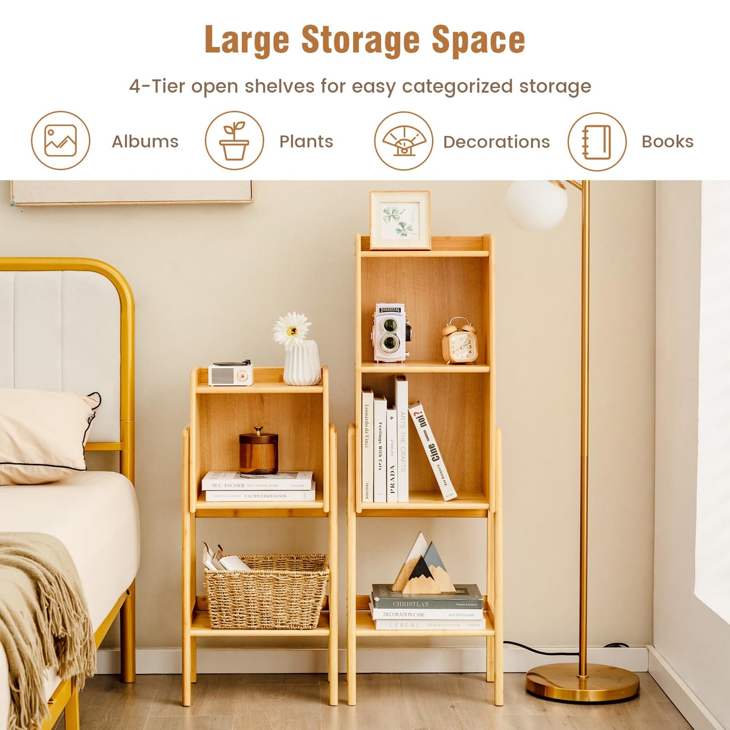3 Tier Free Standing Tall Bamboo Bookshelf with Legs