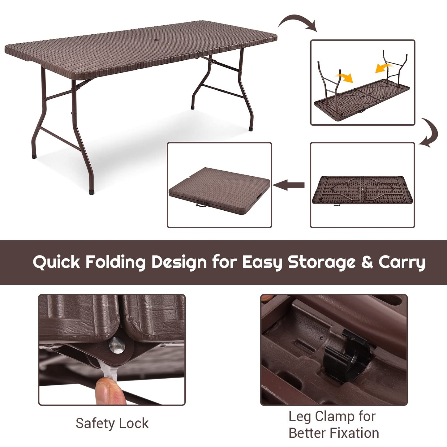182cm Outdoor Folding Camping Table with Carrying Handles