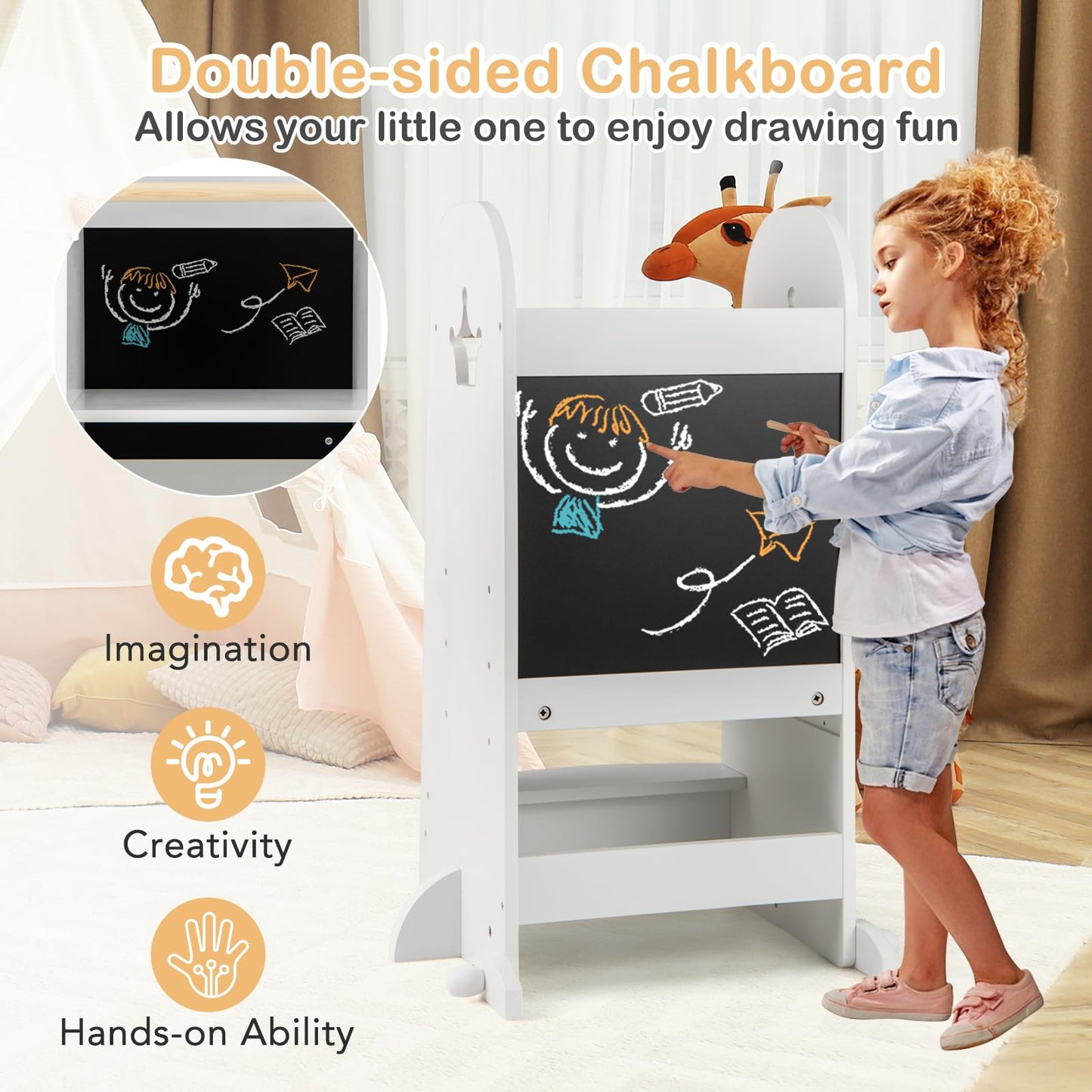 3 Heights Adjustable Kitchen Stand Helper with Double-sided Chalkboard