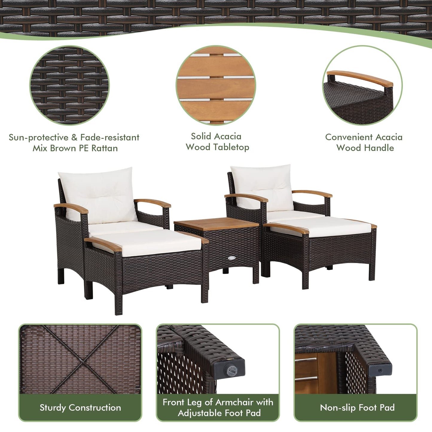5-Piece Outdoor Acacia Wood Wicker Conservatory Set