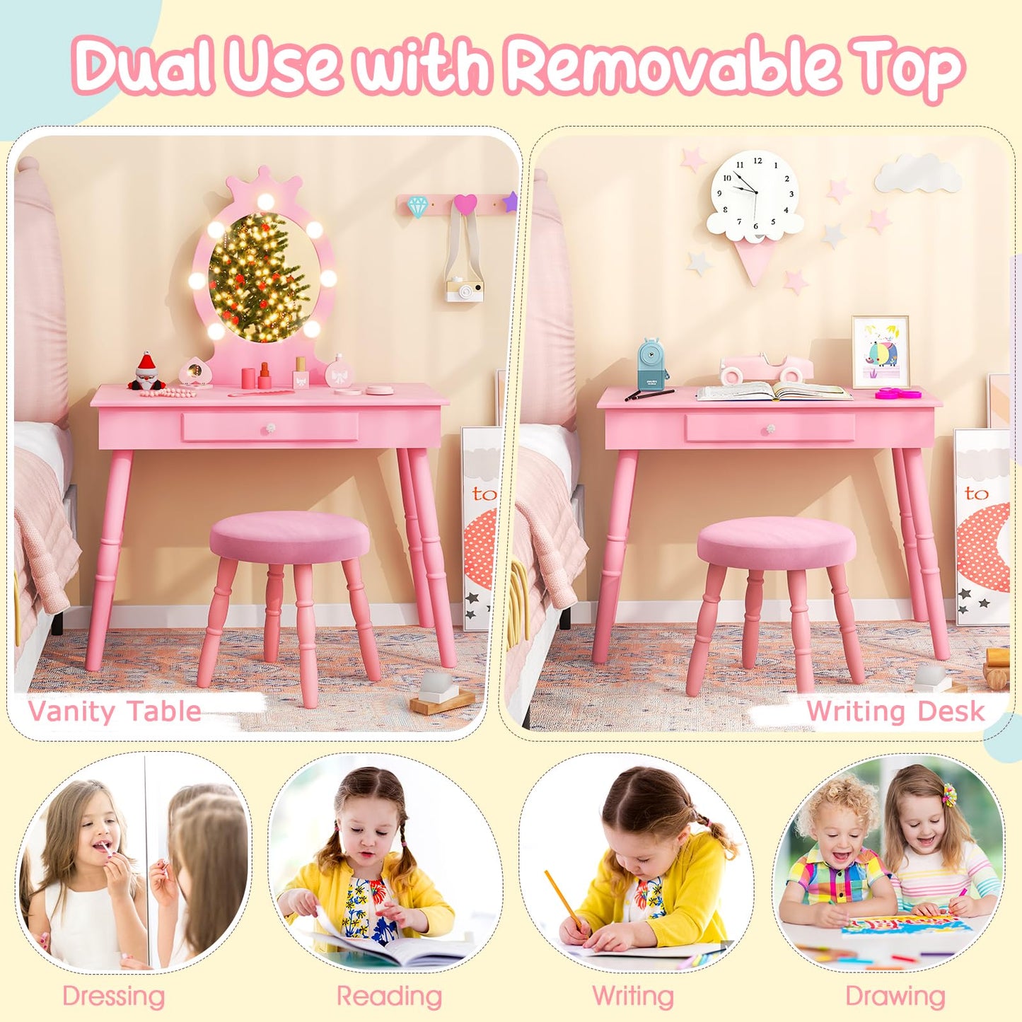 Kids Vanity Set with Lighted Mirror and Adjustable Brightness for Kids Aged 3 to 7 Years Old