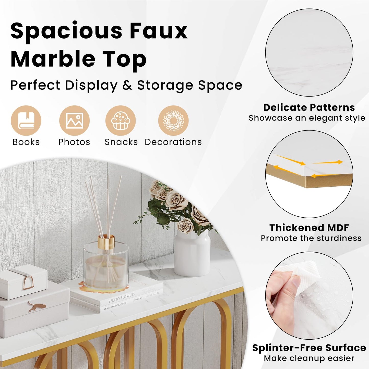 100 CM Faux Marble Entryway Table with Adjustable Foot Pads